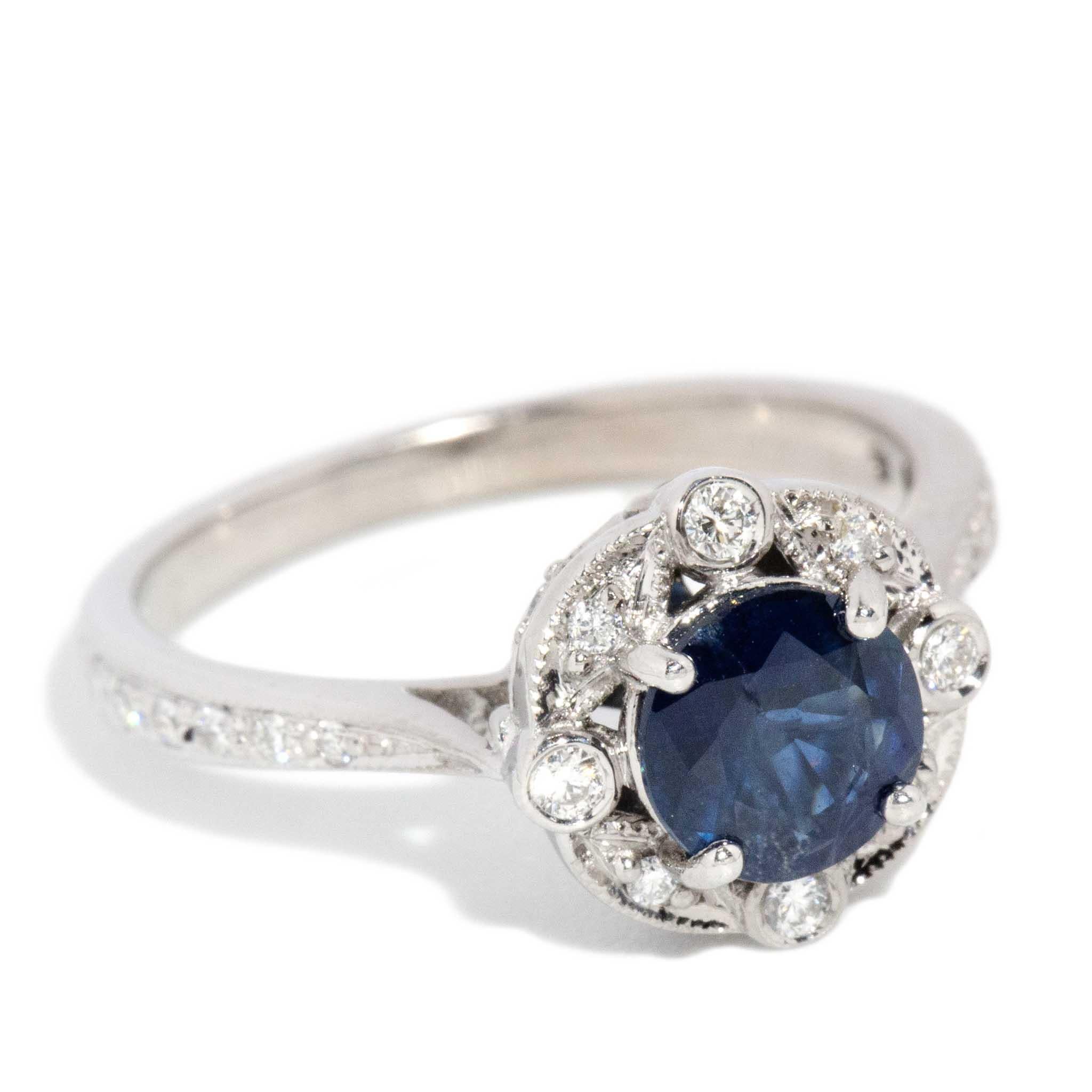 Women's Contemporary Deep Blue Sapphire & Diamond Ring 14 Carat White Gold For Sale