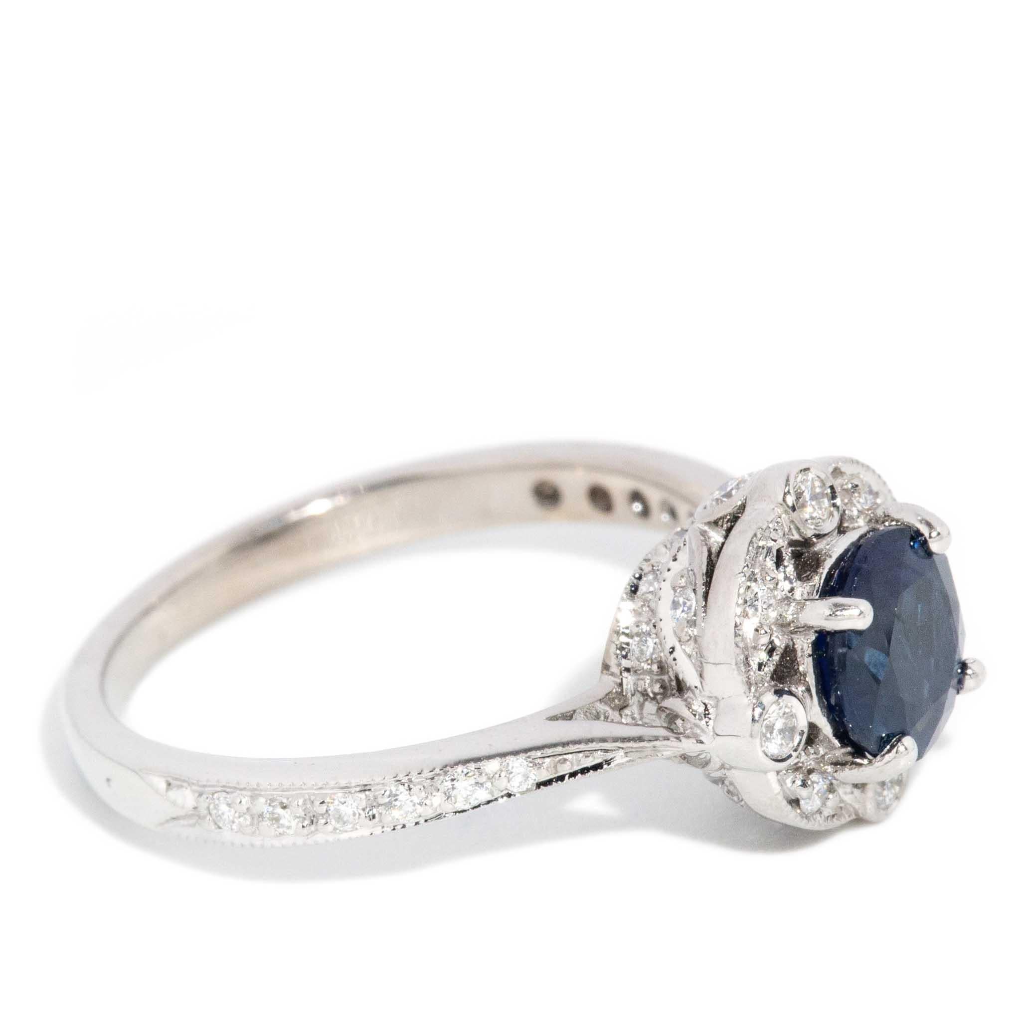 Contemporary Deep Blue Sapphire & Diamond Ring 14 Carat White Gold For Sale 2