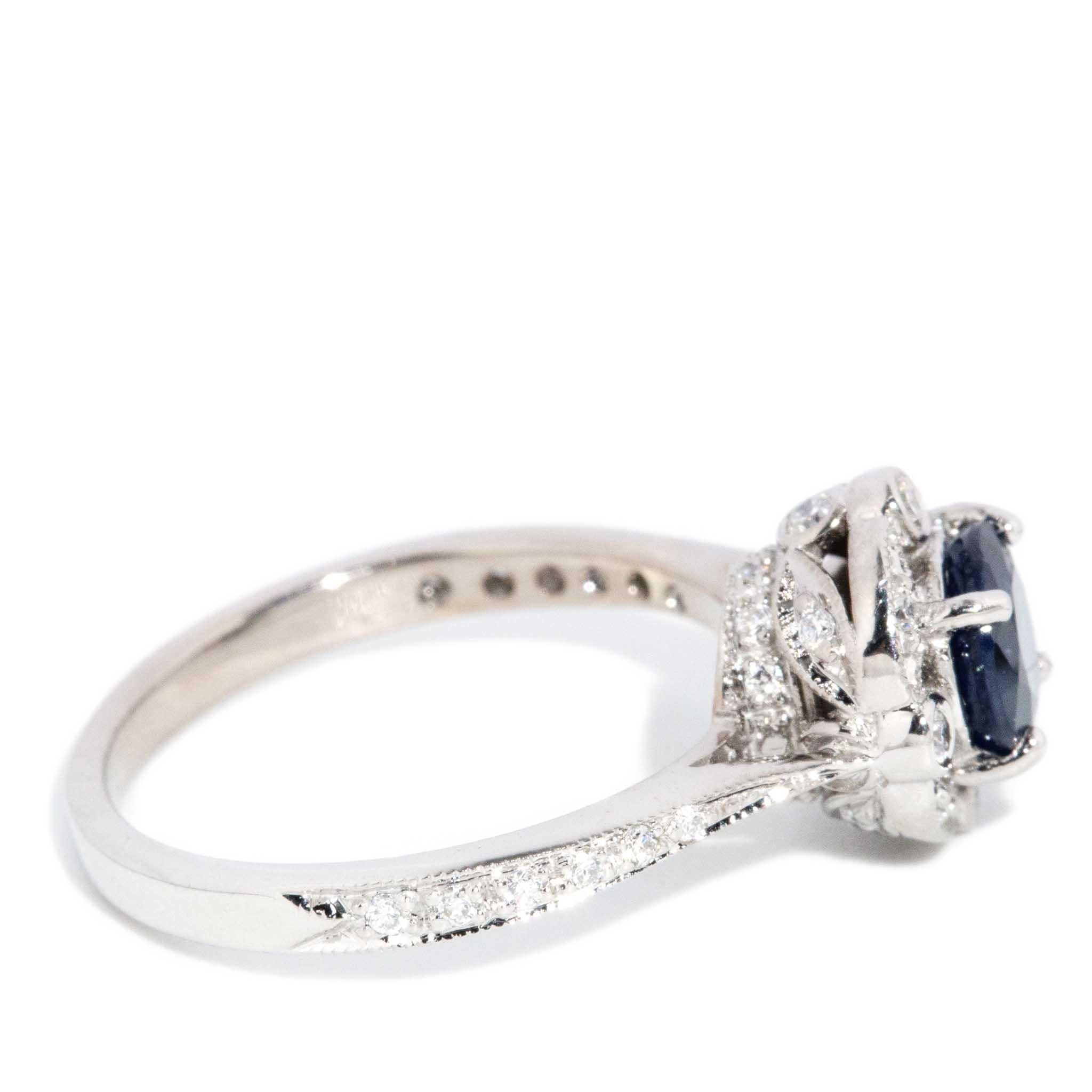 Contemporary Deep Blue Sapphire & Diamond Ring 14 Carat White Gold For Sale 4