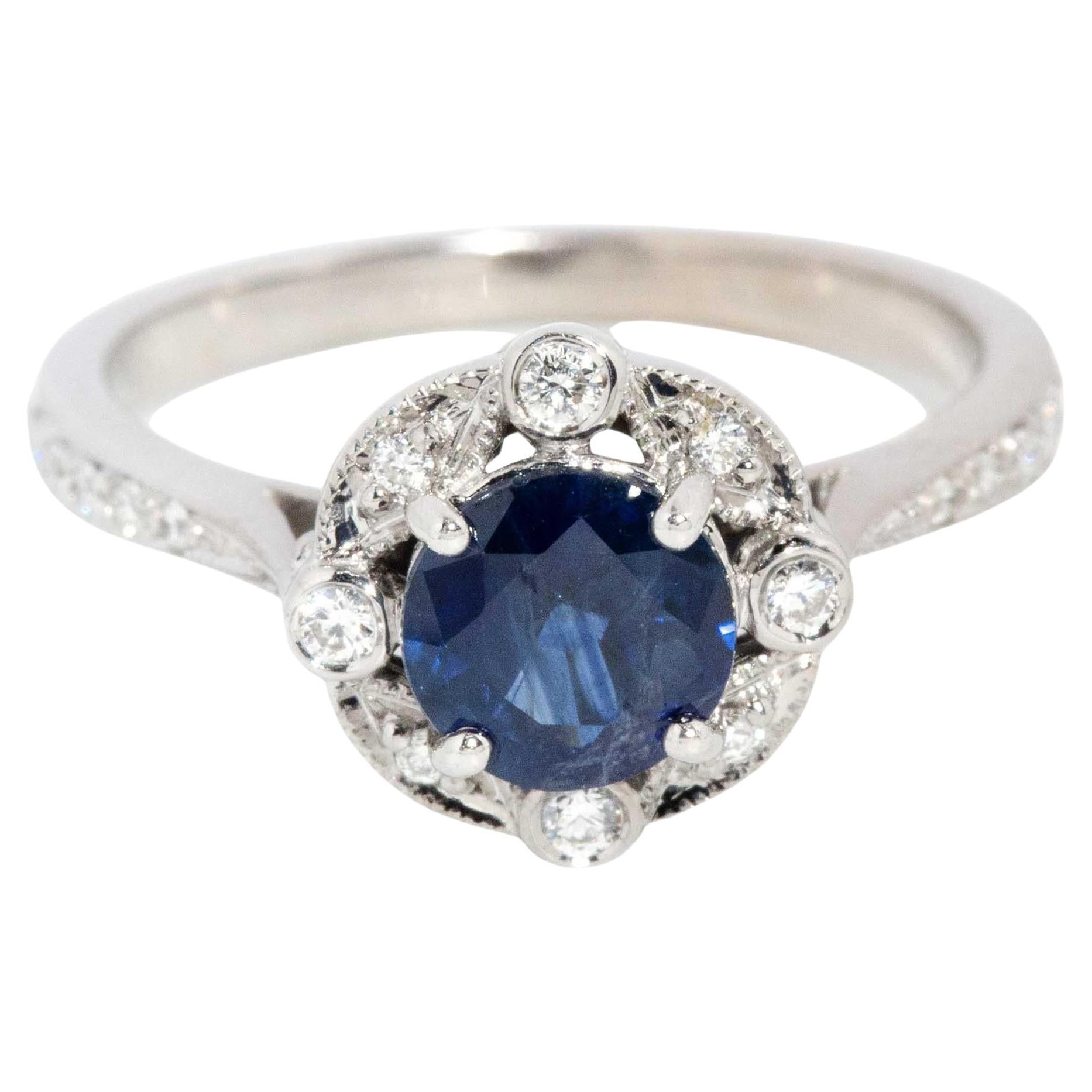 Contemporary Deep Blue Sapphire & Diamond Ring 14 Carat White Gold For Sale