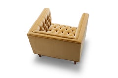 Contemporary Deep Buttoned Tux Chair in Straw Cotton Velvet with Walnut Legs