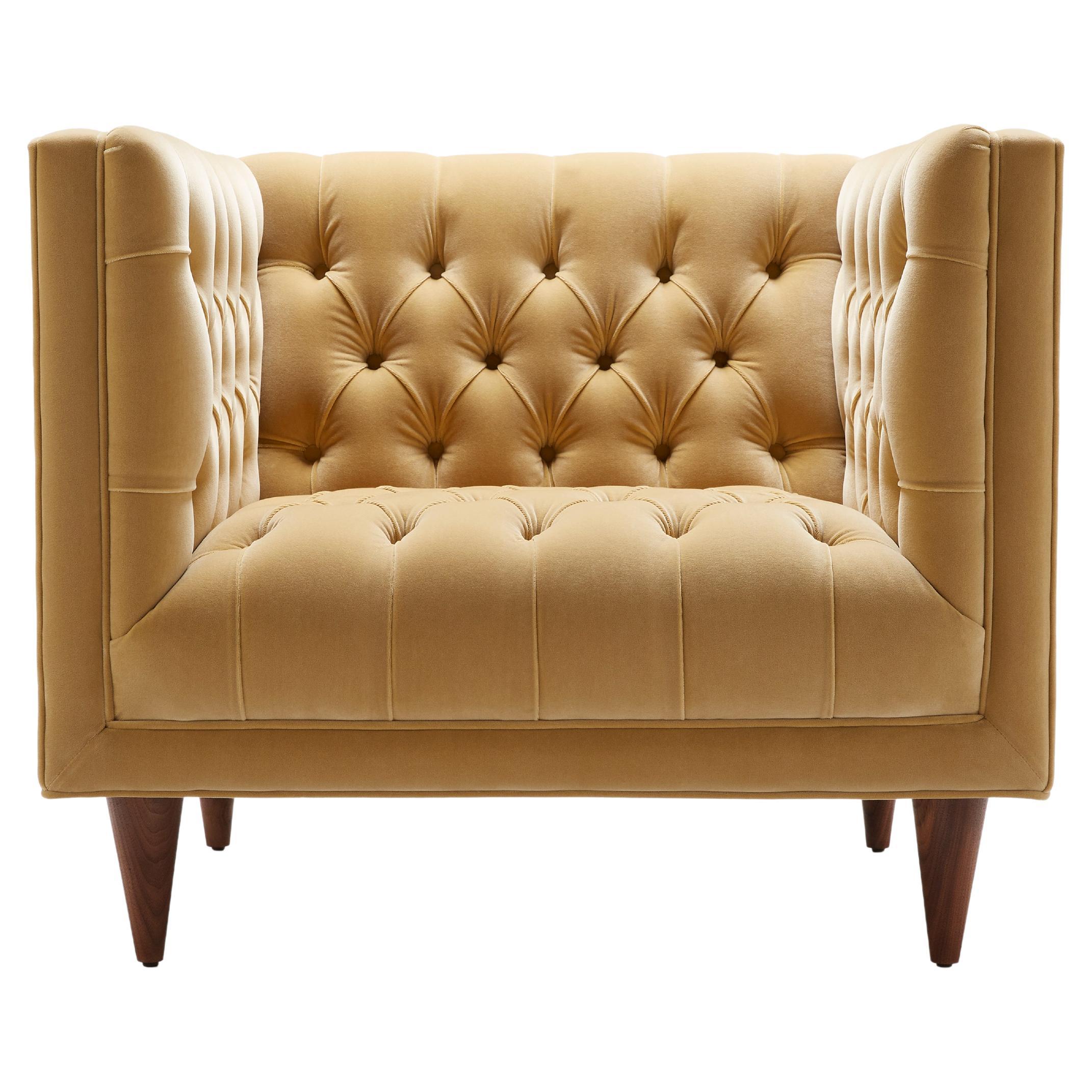 Contemporary Deep Buttoned Tux Chair in Straw Cotton Velvet with Walnut Legs