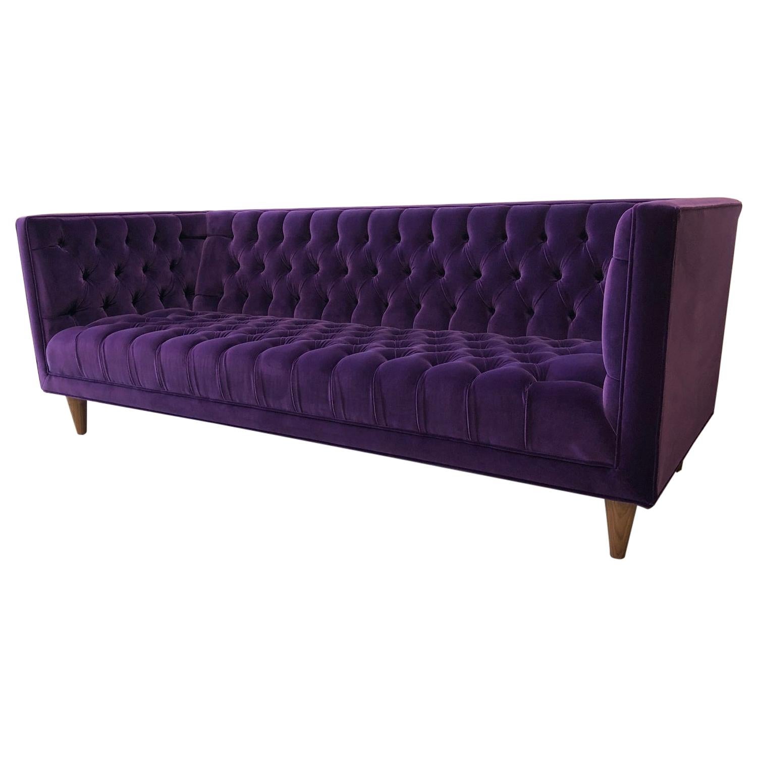 Contemporary Deep Buttoned Tux Sofa in Imperial Velvet with Solid Walnut Legs