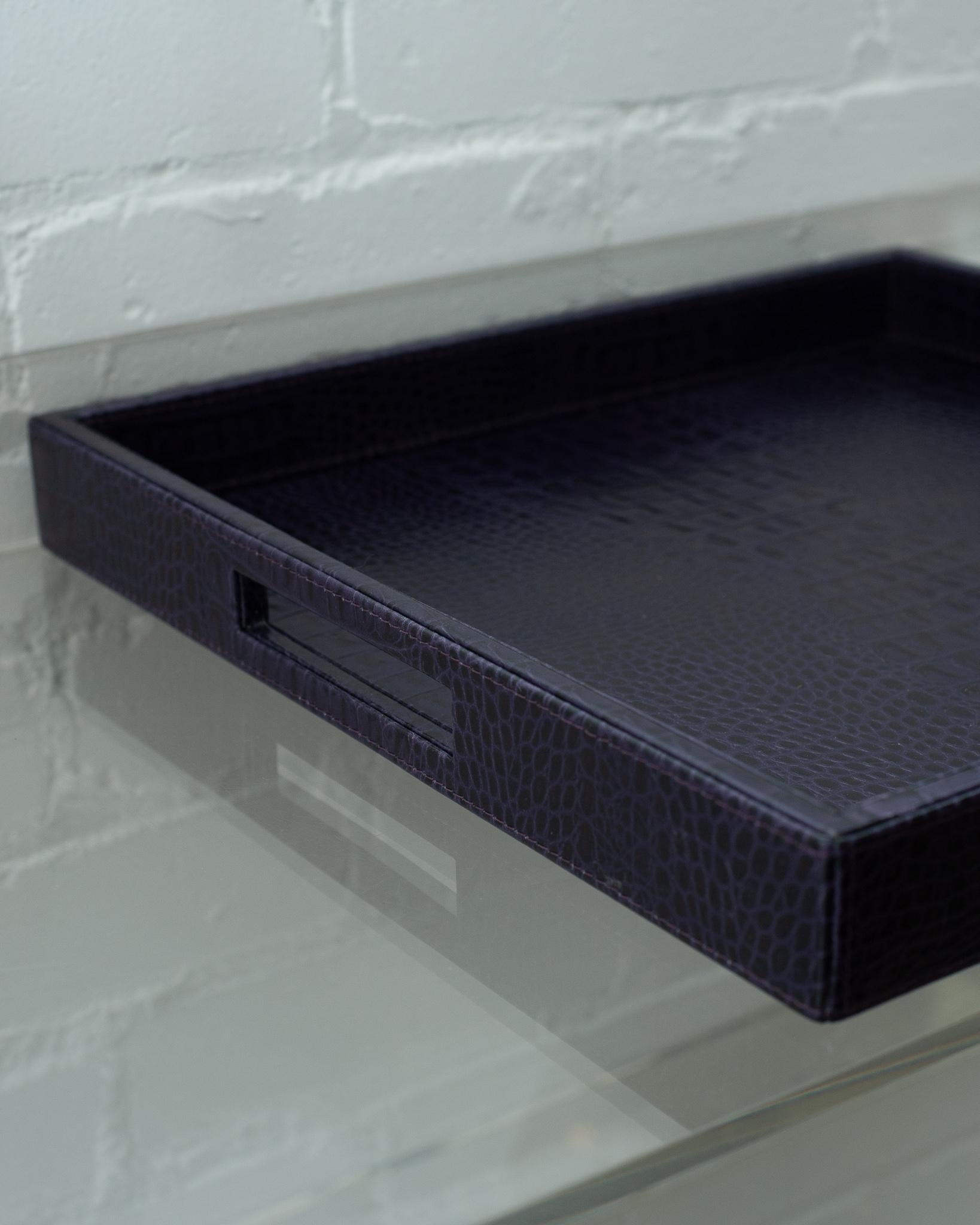 Contemporary Deep Purple Crocodile Embossed Leather Large Square Tray In New Condition For Sale In Toronto, ON
