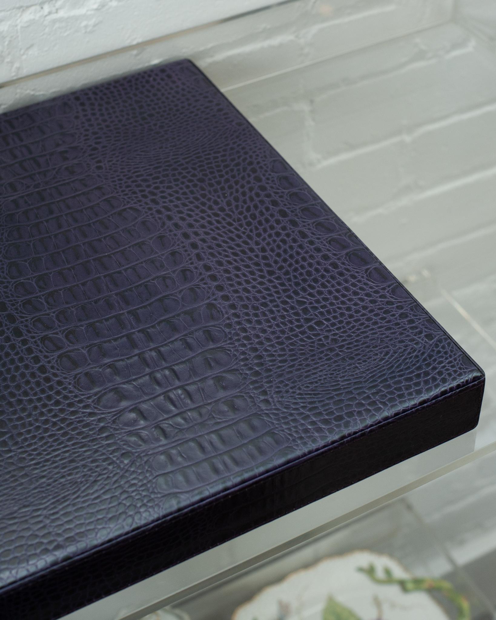 Contemporary Deep Purple Crocodile Embossed Leather Large Square Tray For Sale 1