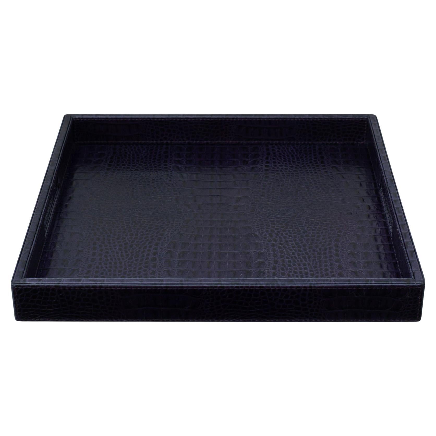 Contemporary Deep Purple Crocodile Embossed Leather Large Square Tray For Sale