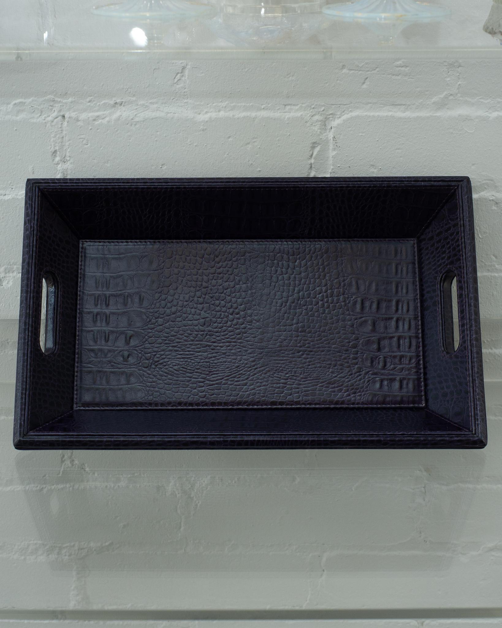 Argentine Contemporary Deep Purple Crocodile Embossed Leather Rectangular Tray 