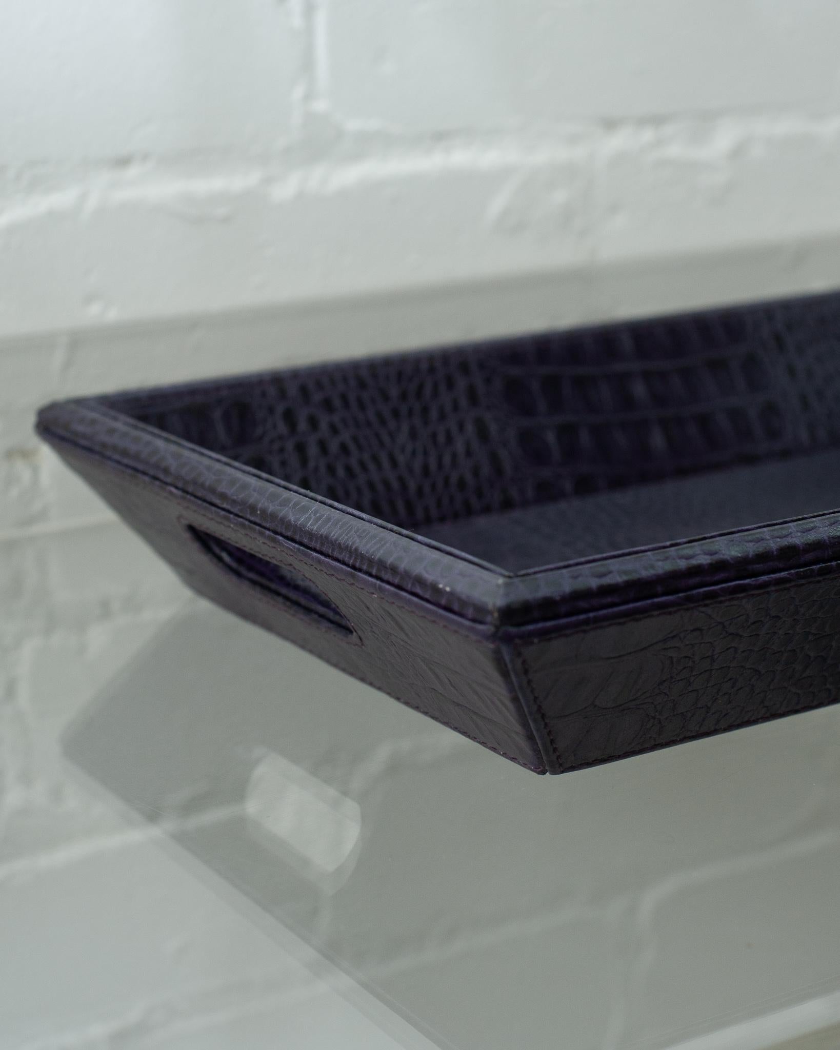 Contemporary Deep Purple Crocodile Embossed Leather Rectangular Tray  In New Condition In Toronto, ON