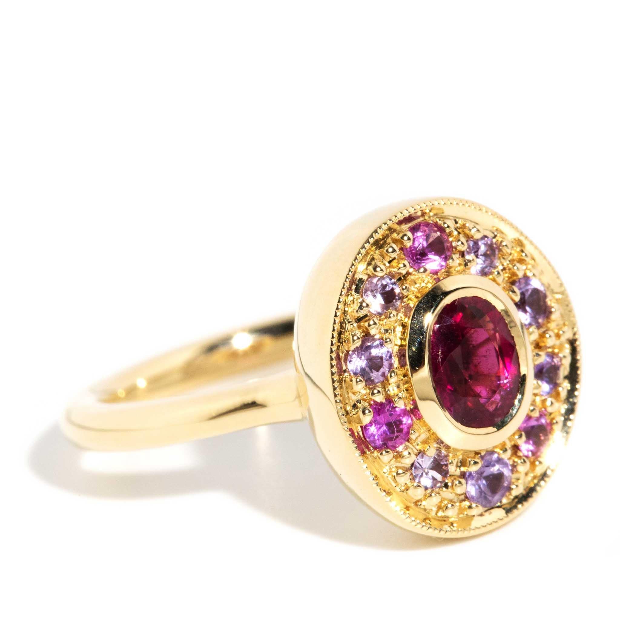 Oval Cut Contemporary Deep Vivid Pink Tourmaline & Sapphire Halo Ring 18 Carat Gold For Sale