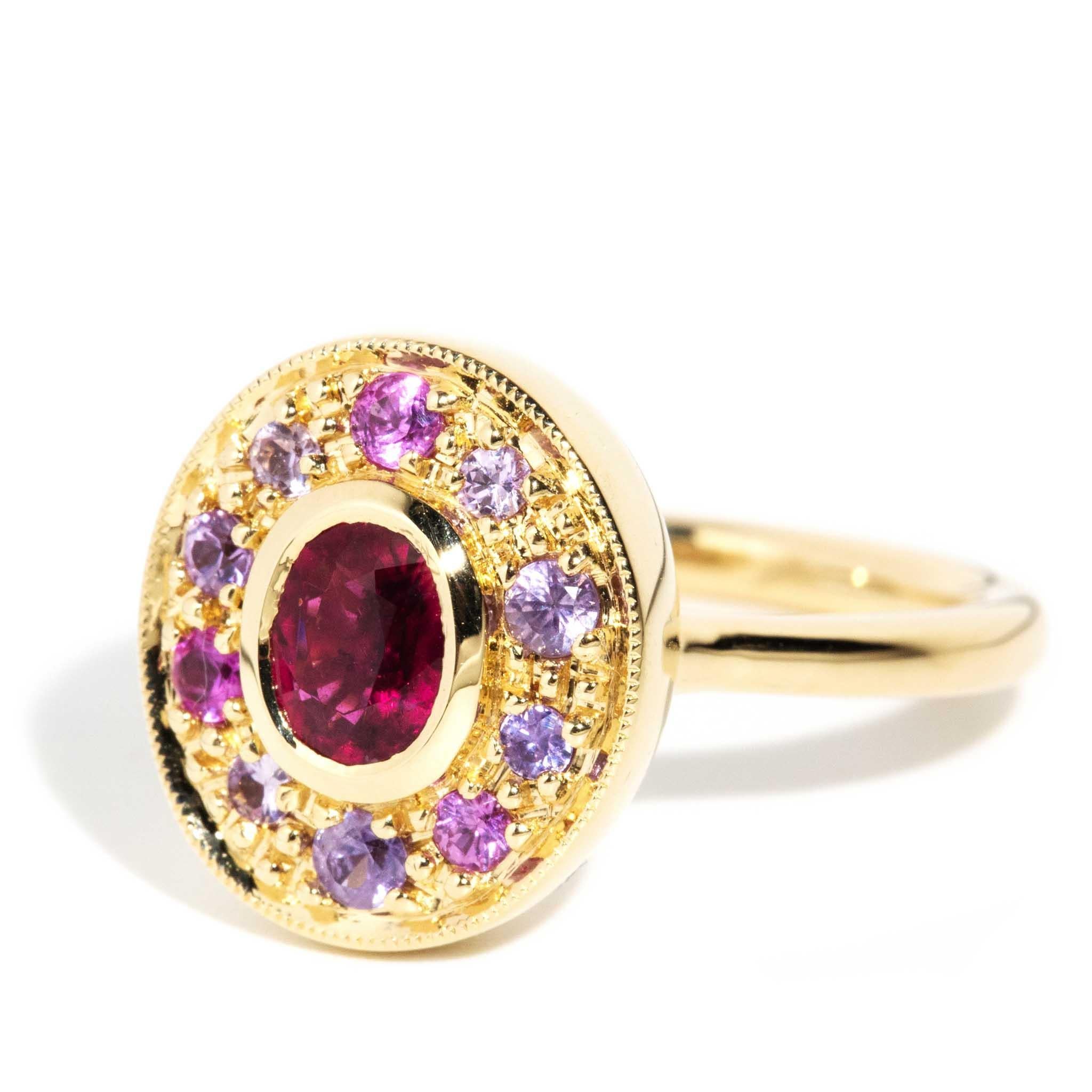 Women's Contemporary Deep Vivid Pink Tourmaline & Sapphire Halo Ring 18 Carat Gold For Sale