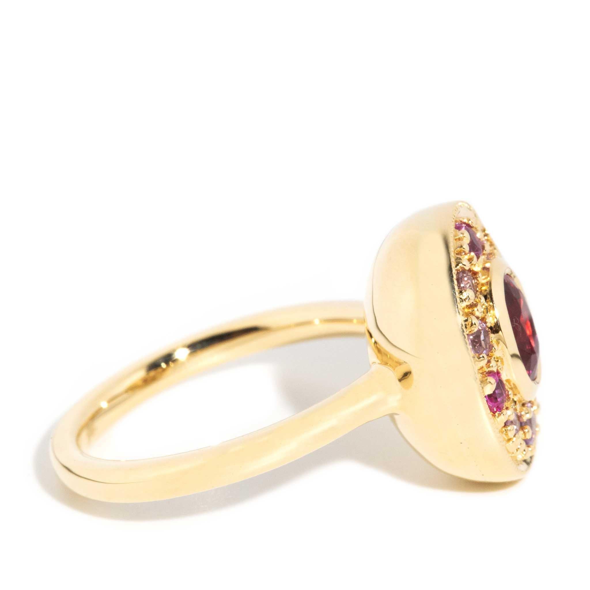 Contemporary Deep Vivid Pink Tourmaline & Sapphire Halo Ring 18 Carat Gold For Sale 3