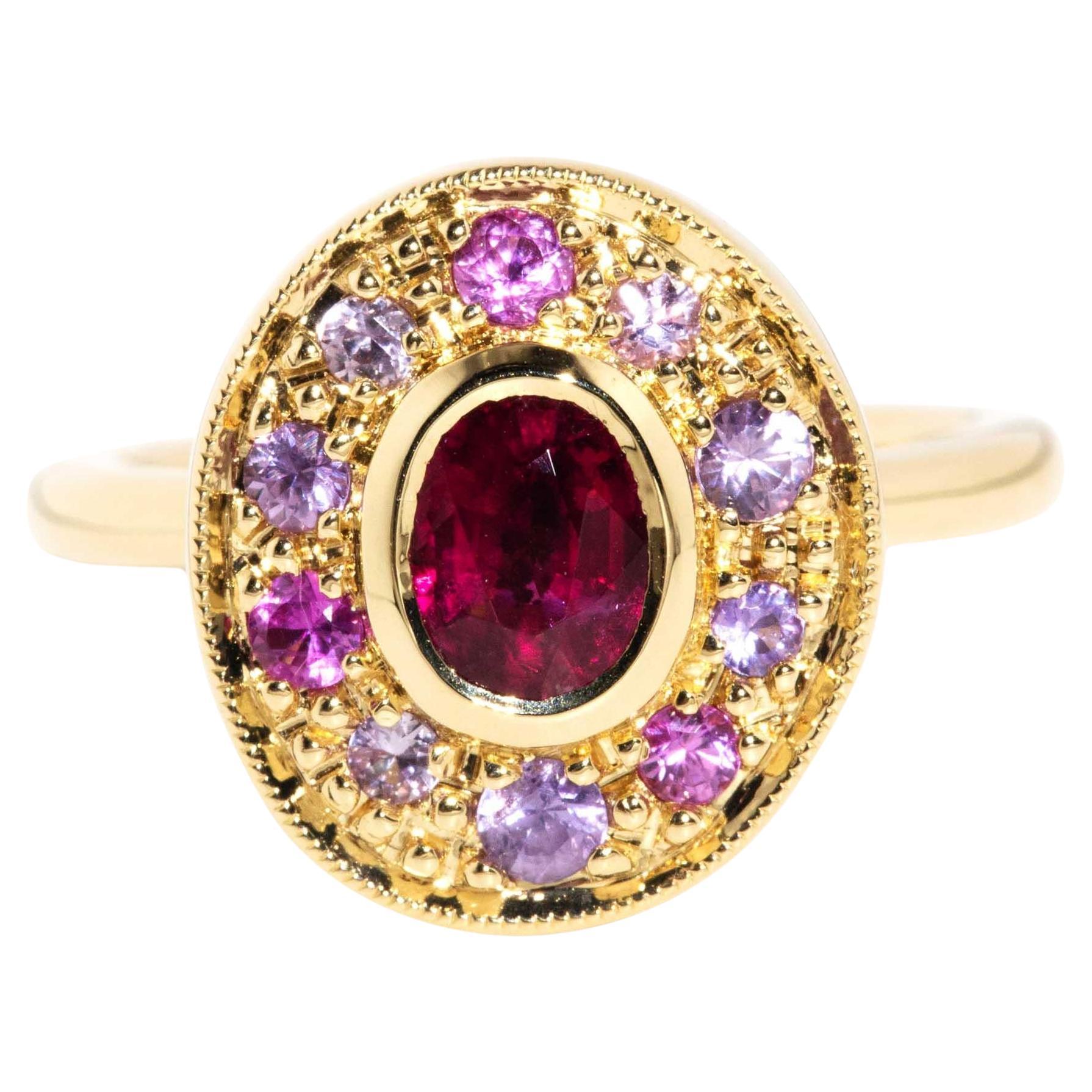 Contemporary Deep Vivid Pink Tourmaline & Sapphire Halo Ring 18 Carat Gold For Sale