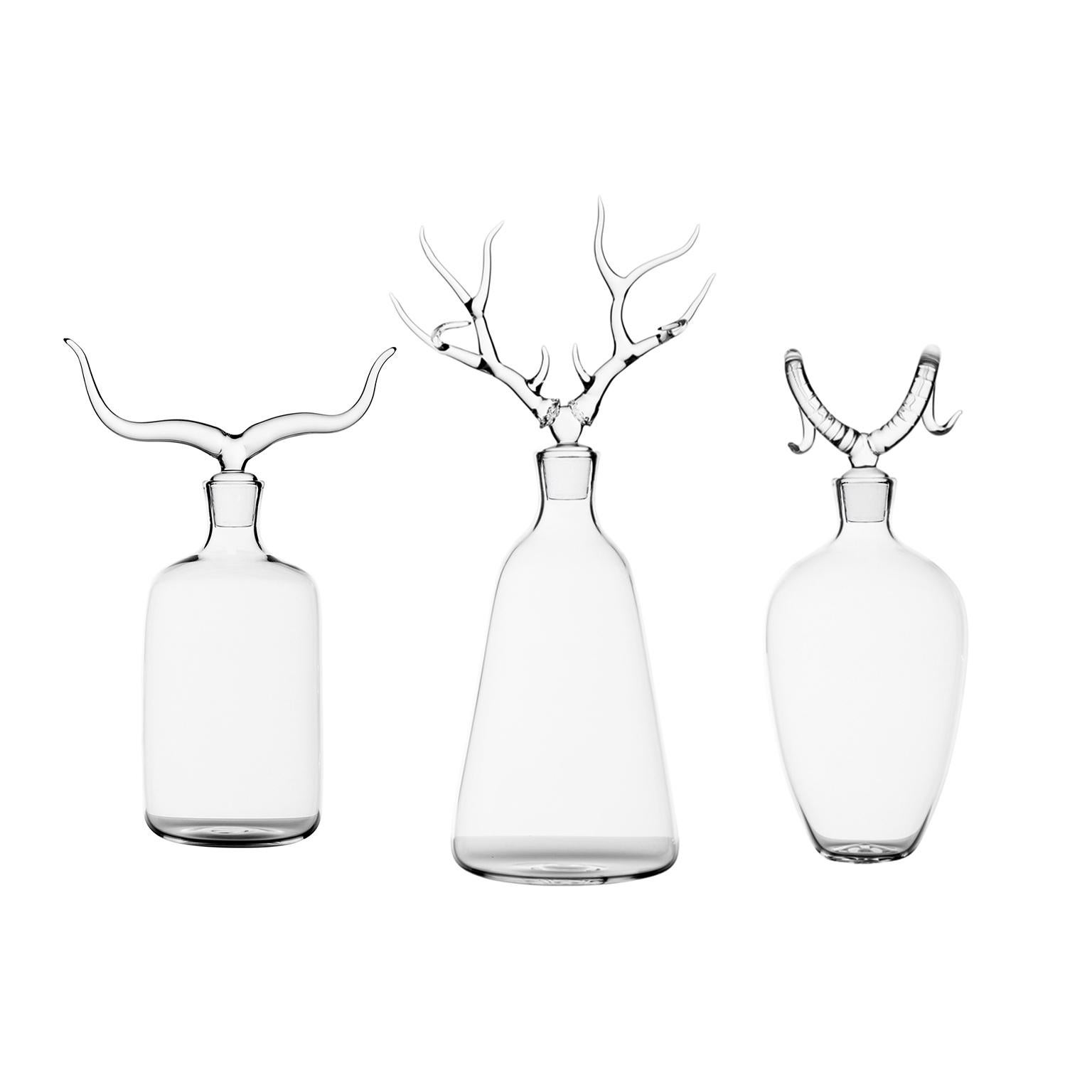 Modern Contemporary Deer Hand-Blown Glass Liquor Bottle Trophy Horn Animal Wild Whisky For Sale