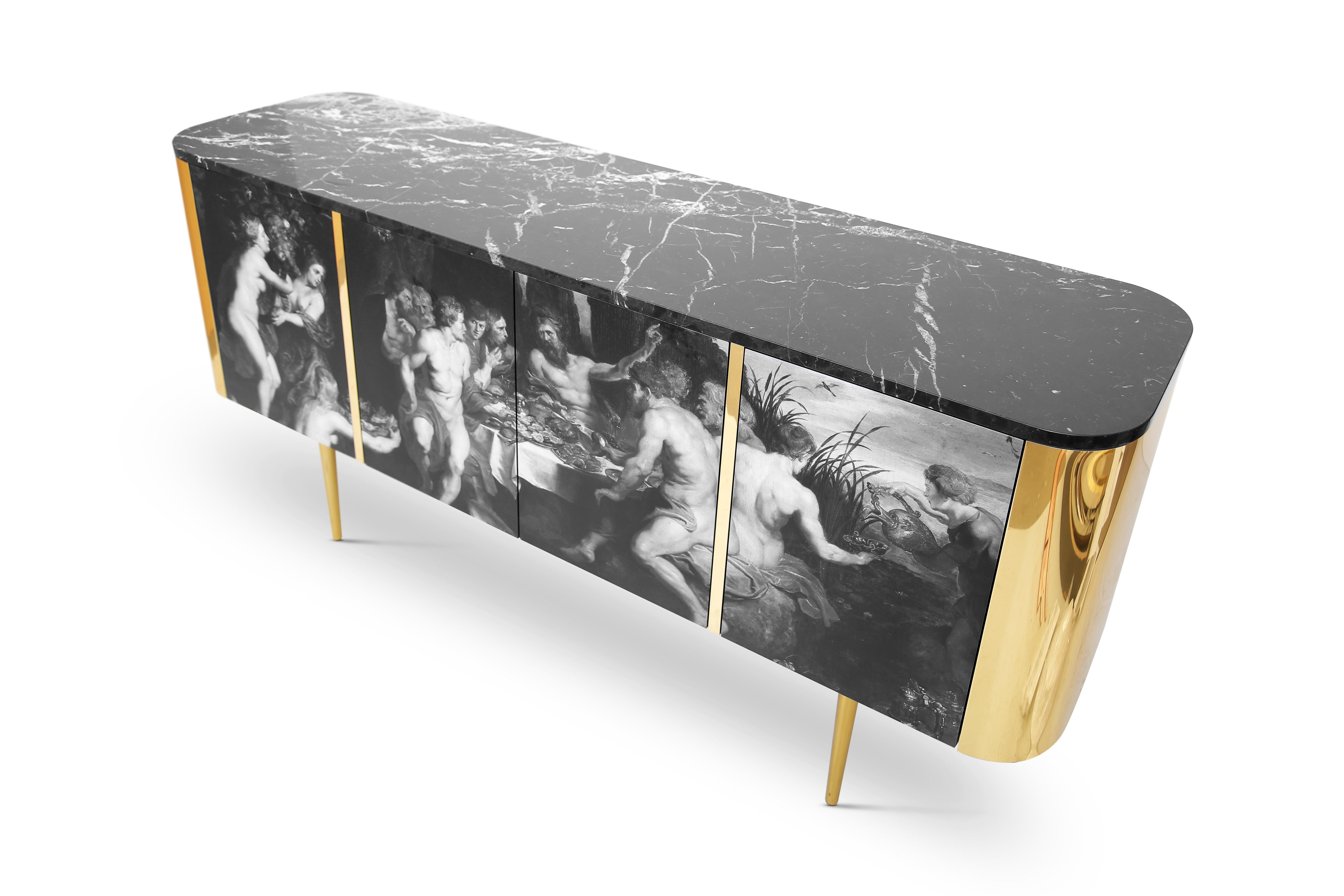 Modern Contemporary Deimos Sideboard in Marble, Ash, Brass For Sale