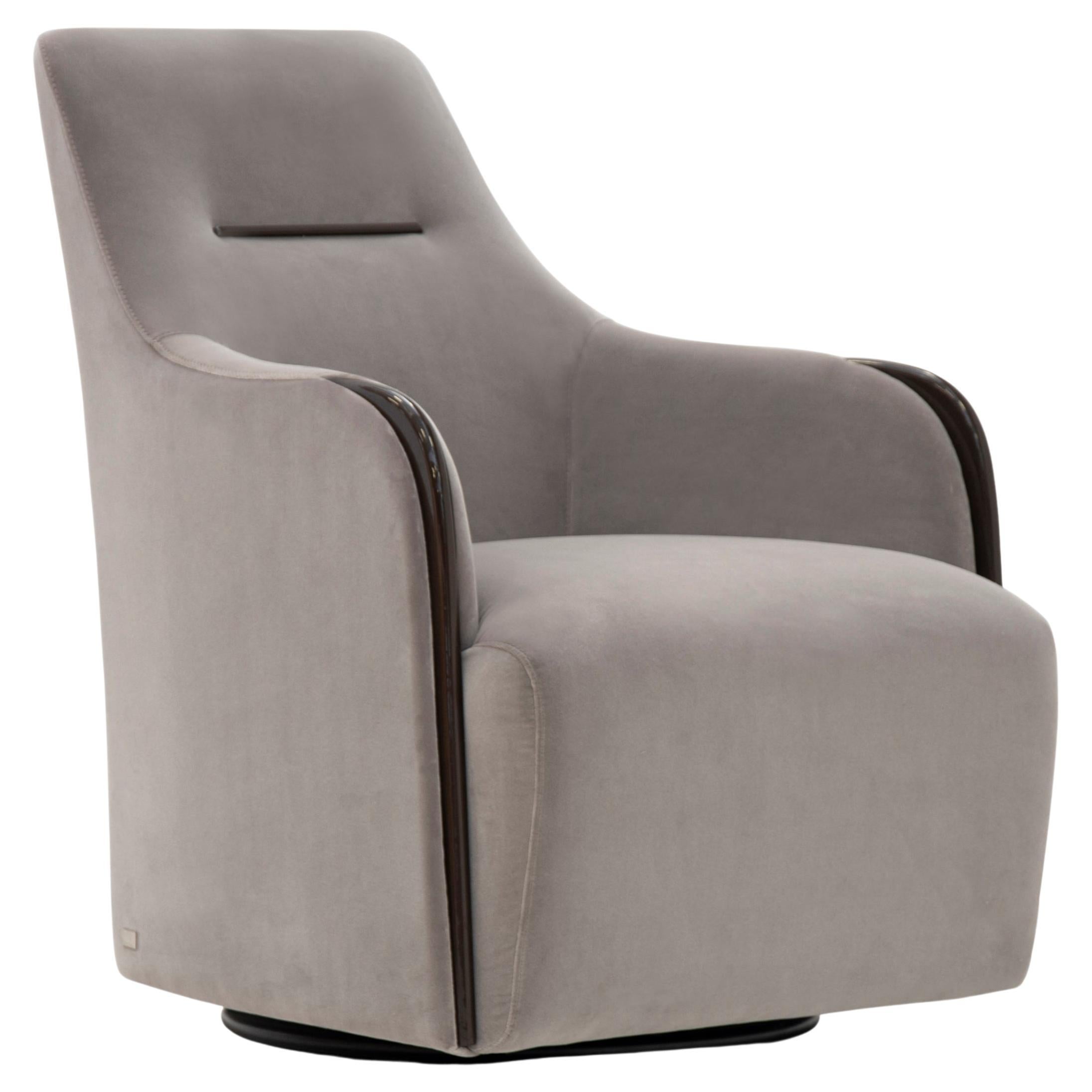 Contemporary Design, Eclectic Armchair in Grey Velvet, with Swivel Base