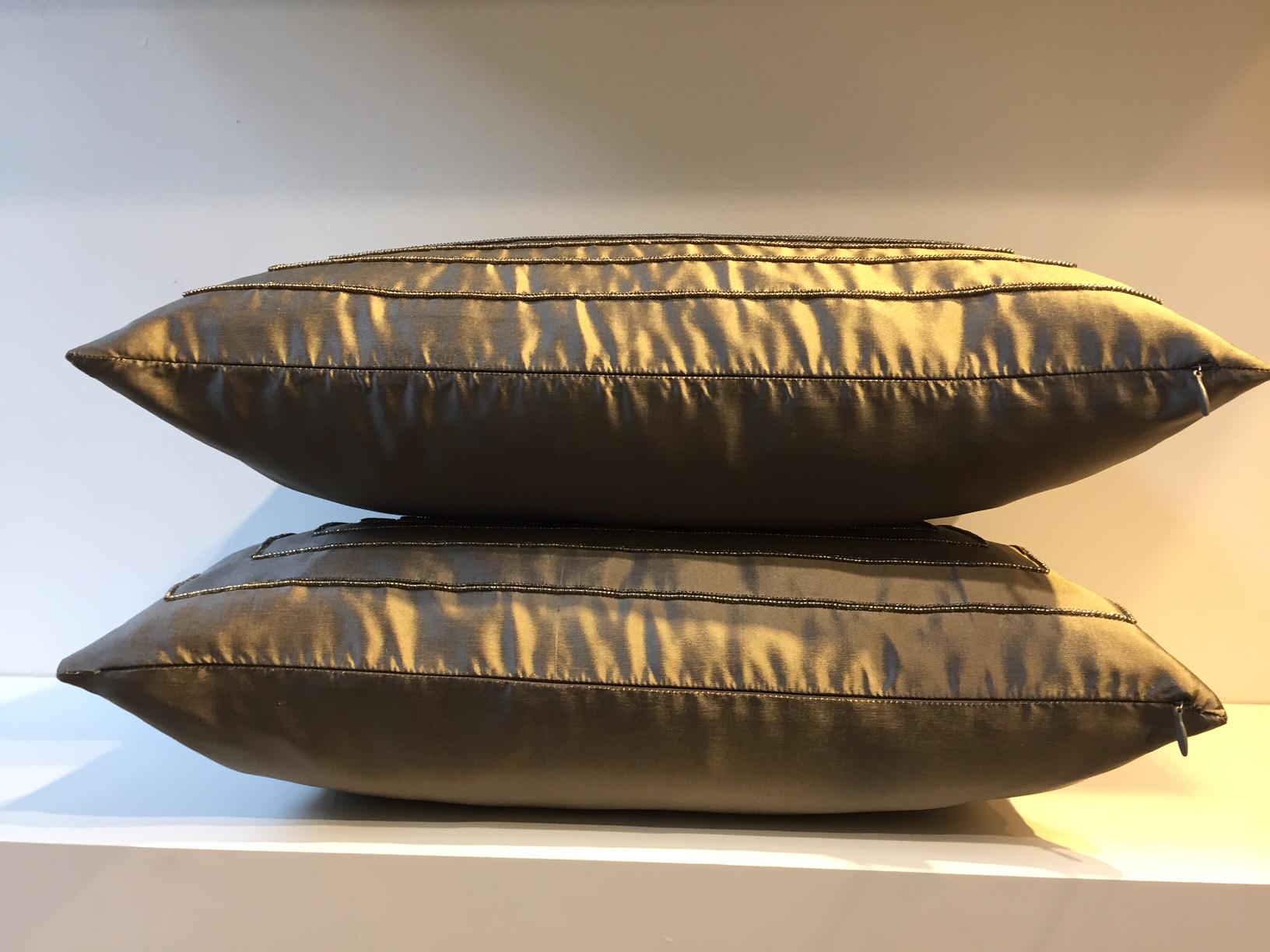 Contemporary Design Hand Embroidered Cushions in Silk Color Peppercorn Brown For Sale 3