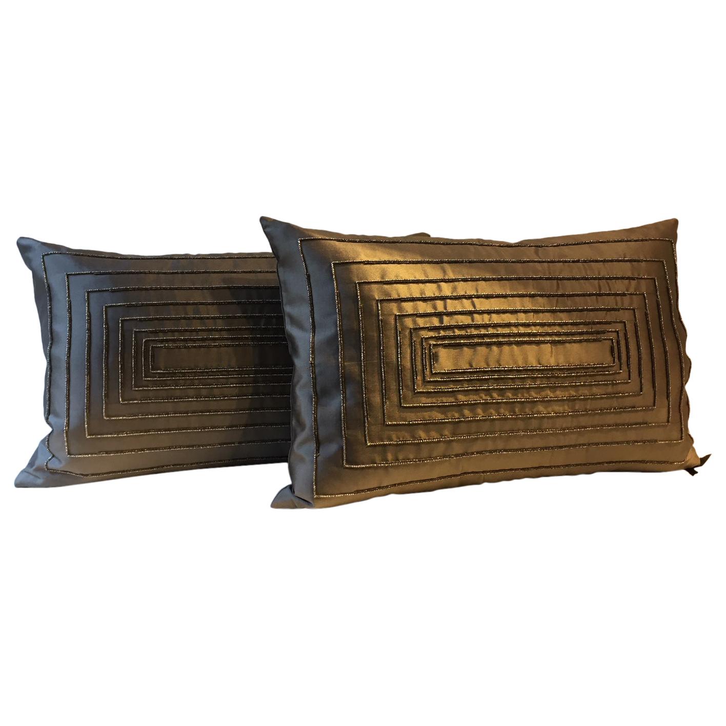 Contemporary Design Hand Embroidered Cushions in Silk Color Peppercorn Brown For Sale