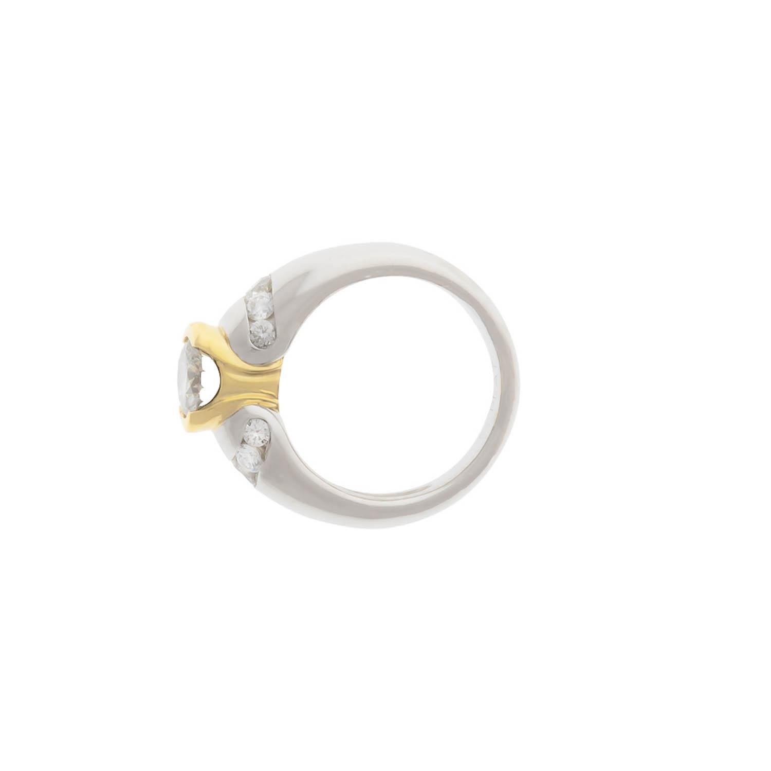 Modern Contemporary Design Platinum and 18 Karat Gold Diamond Ring For Sale