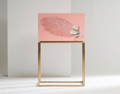 Contemporary Design Rose Pink Peacock Tall Cabinet with Gold Metal by Arijian