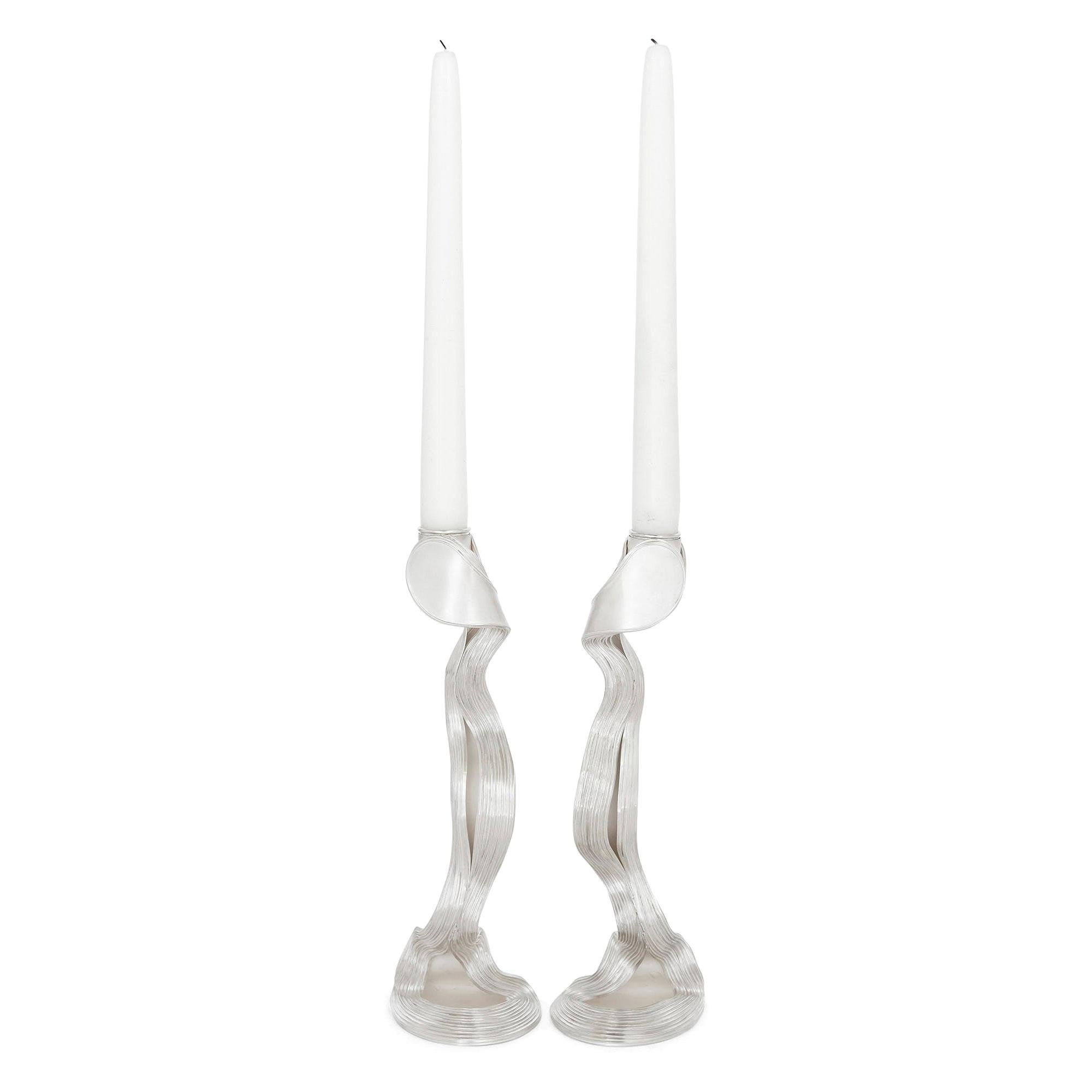 Contemporary Design Two Sculptural Silver Candlesticks by Nan Nan Liu For Sale