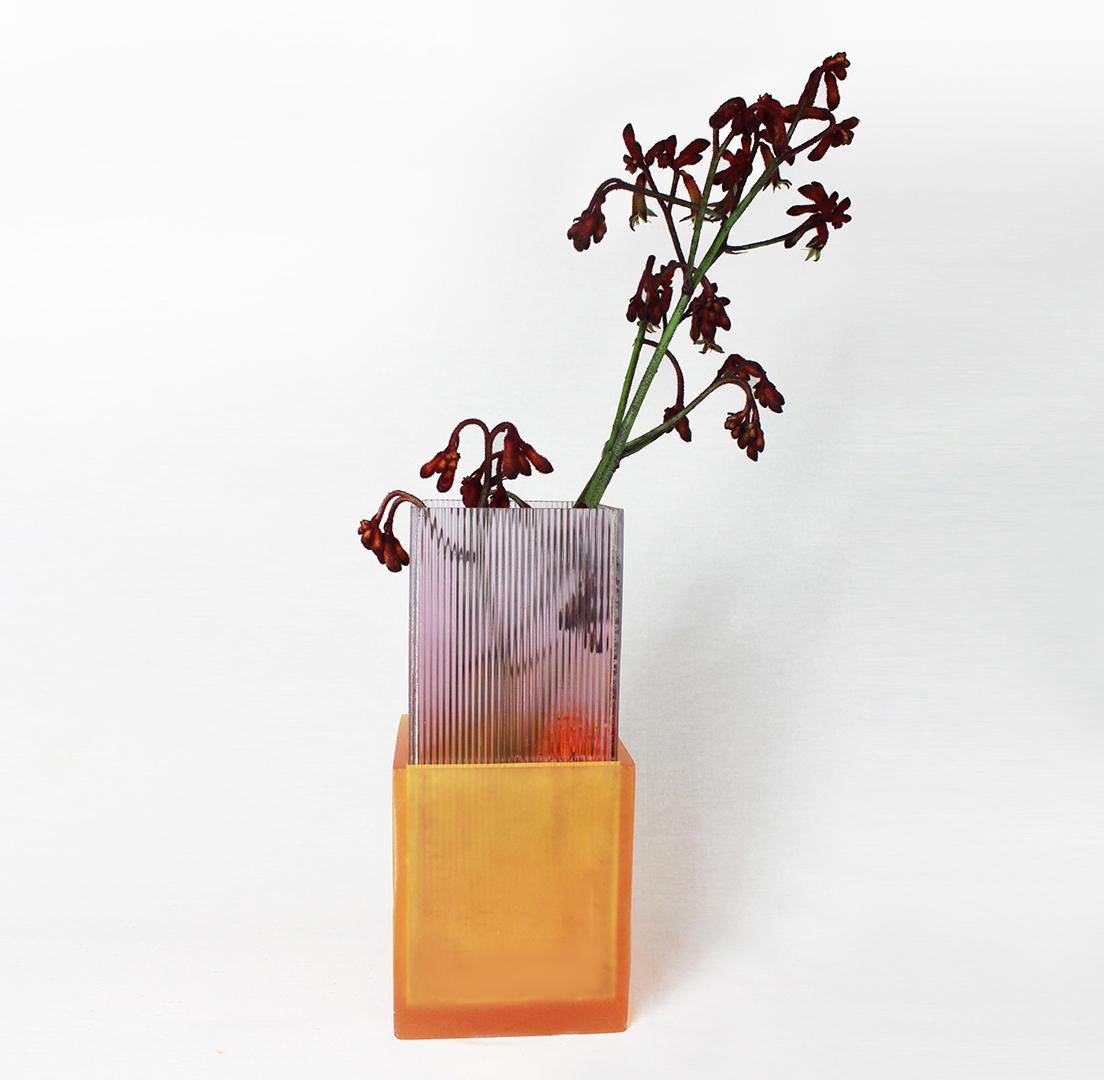 Modern Contemporary Design Vase in Resin Glass Handcrafted Orange and Pink Color For Sale