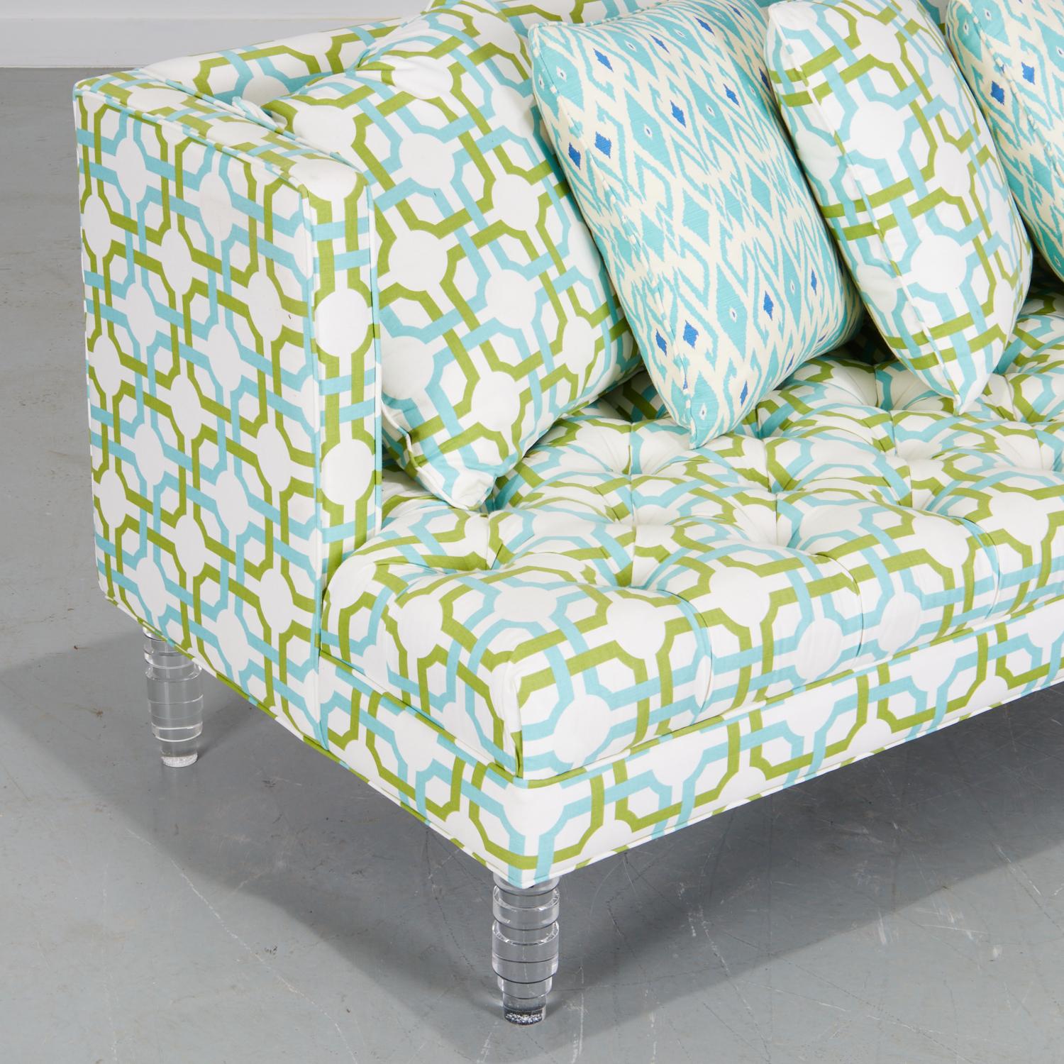 North American Contemporary Designer Acrylic Leg Settee with Button Tufted Seat and Tight Back
