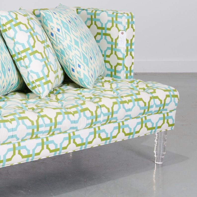 Ikat Contemporary Designer Acrylic Leg Settee with Button Tufted Seat and Tight Back