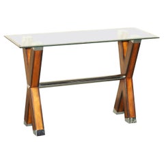 Tavolo consolle contemporaneo di design con cornice in faggio e vetro con finitura cromata
