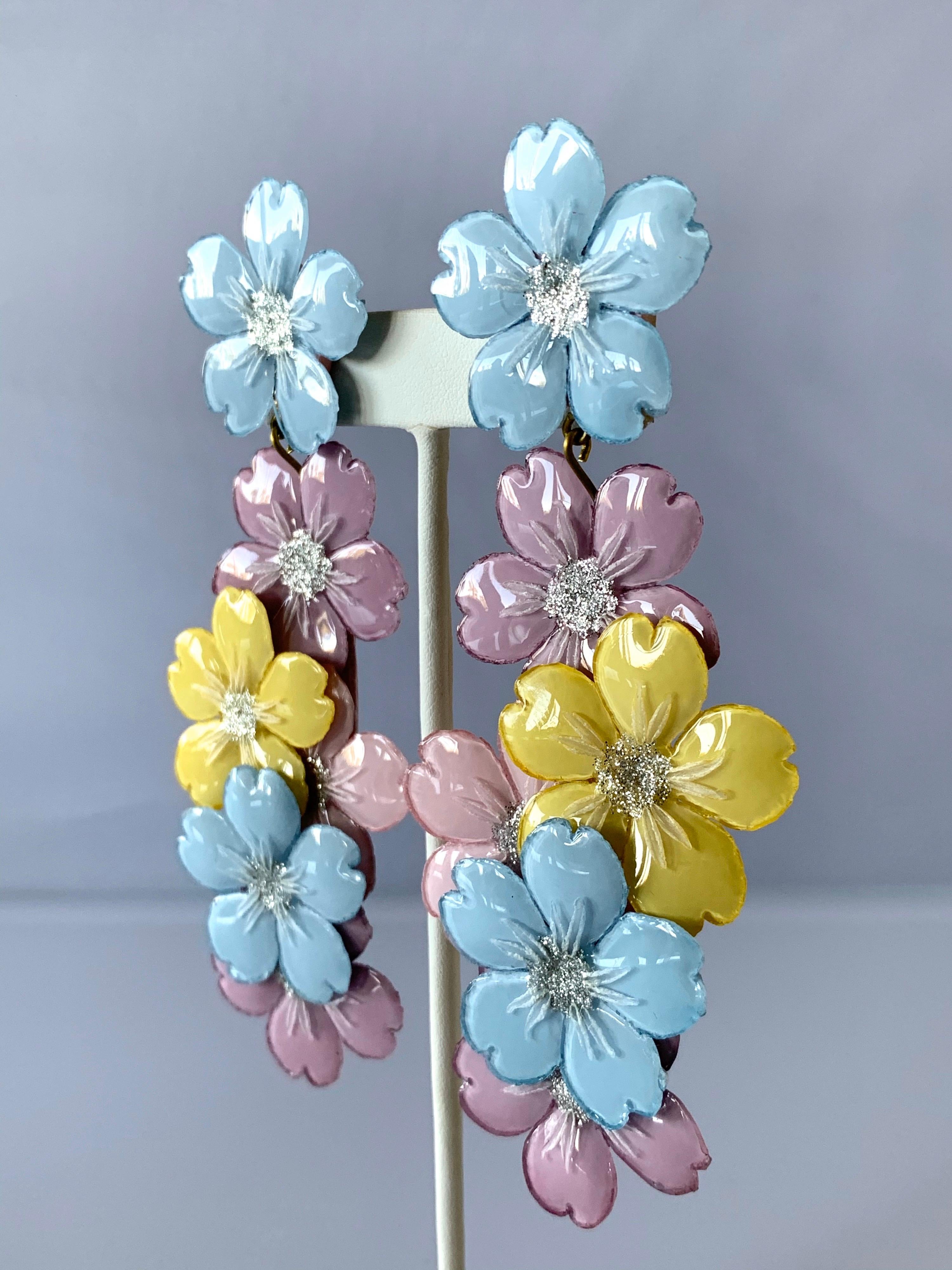 Contemporary Designer Pastel Multi Flower Statement Earrings  1