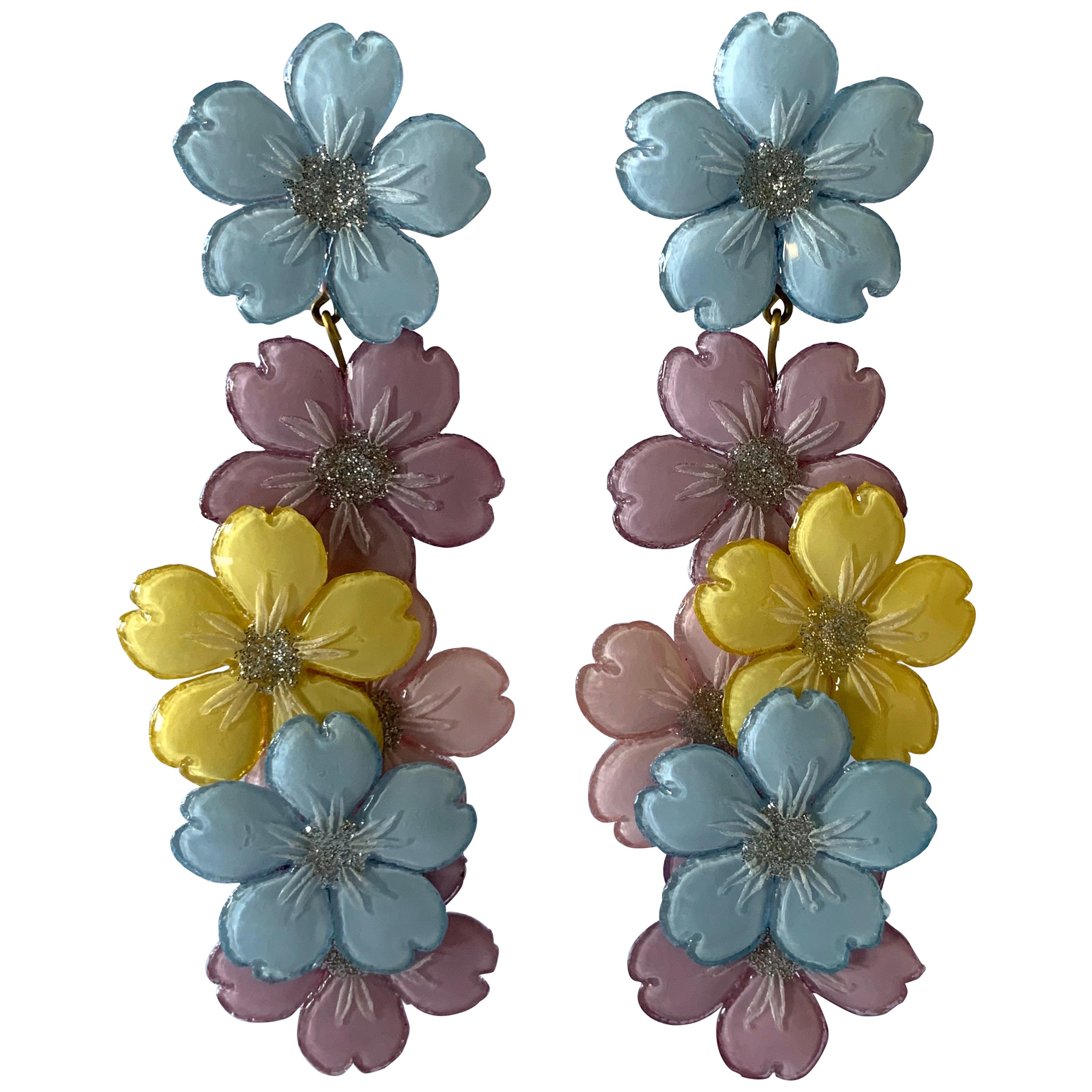 Contemporary Designer Pastel Multi Flower Statement Earrings 