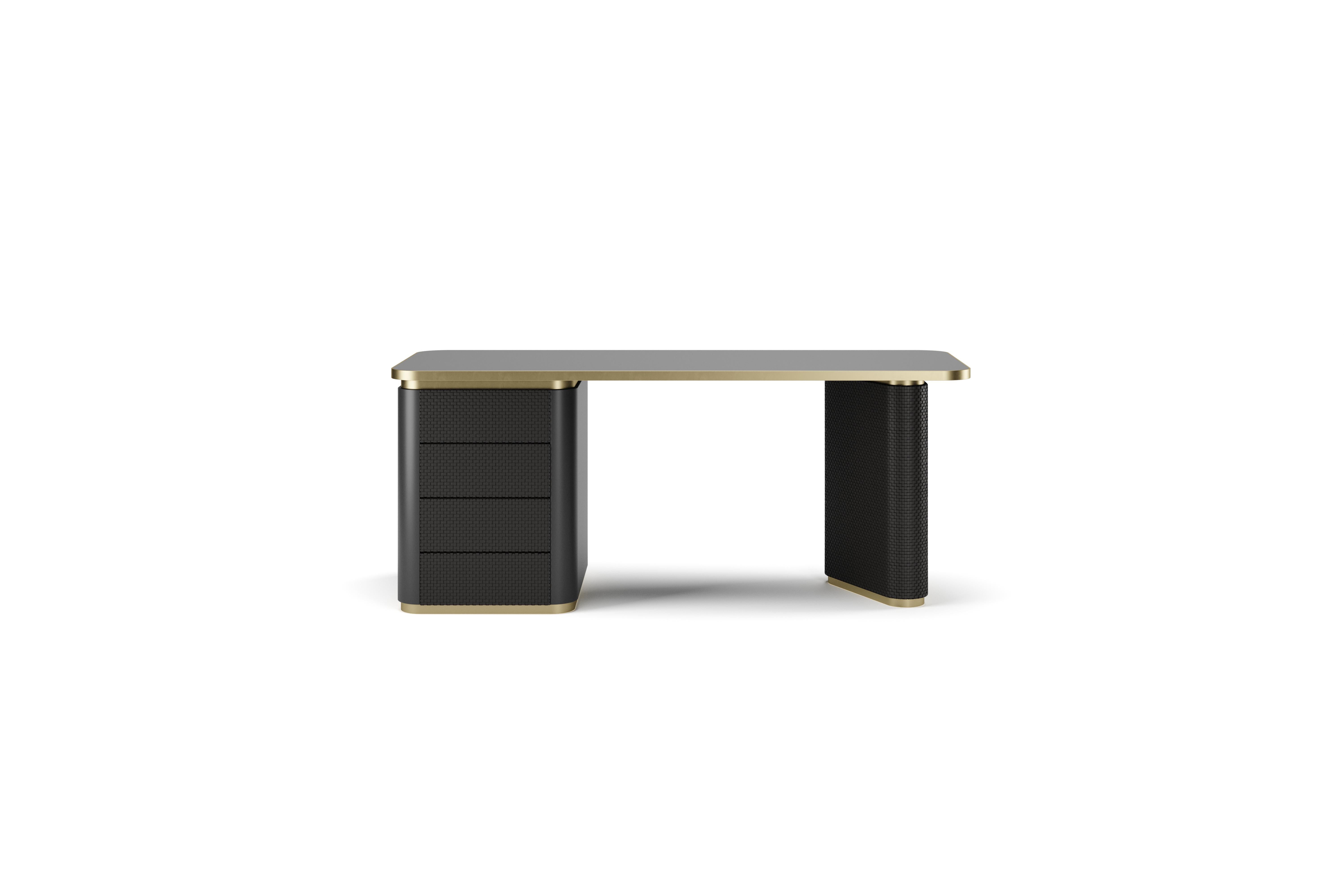 Mark, study desk made in wooden lacquered box covered in crossed leather, gold metal belt and a lacquered top.

Mark is available in foreign certifications.

Mark is part of the 