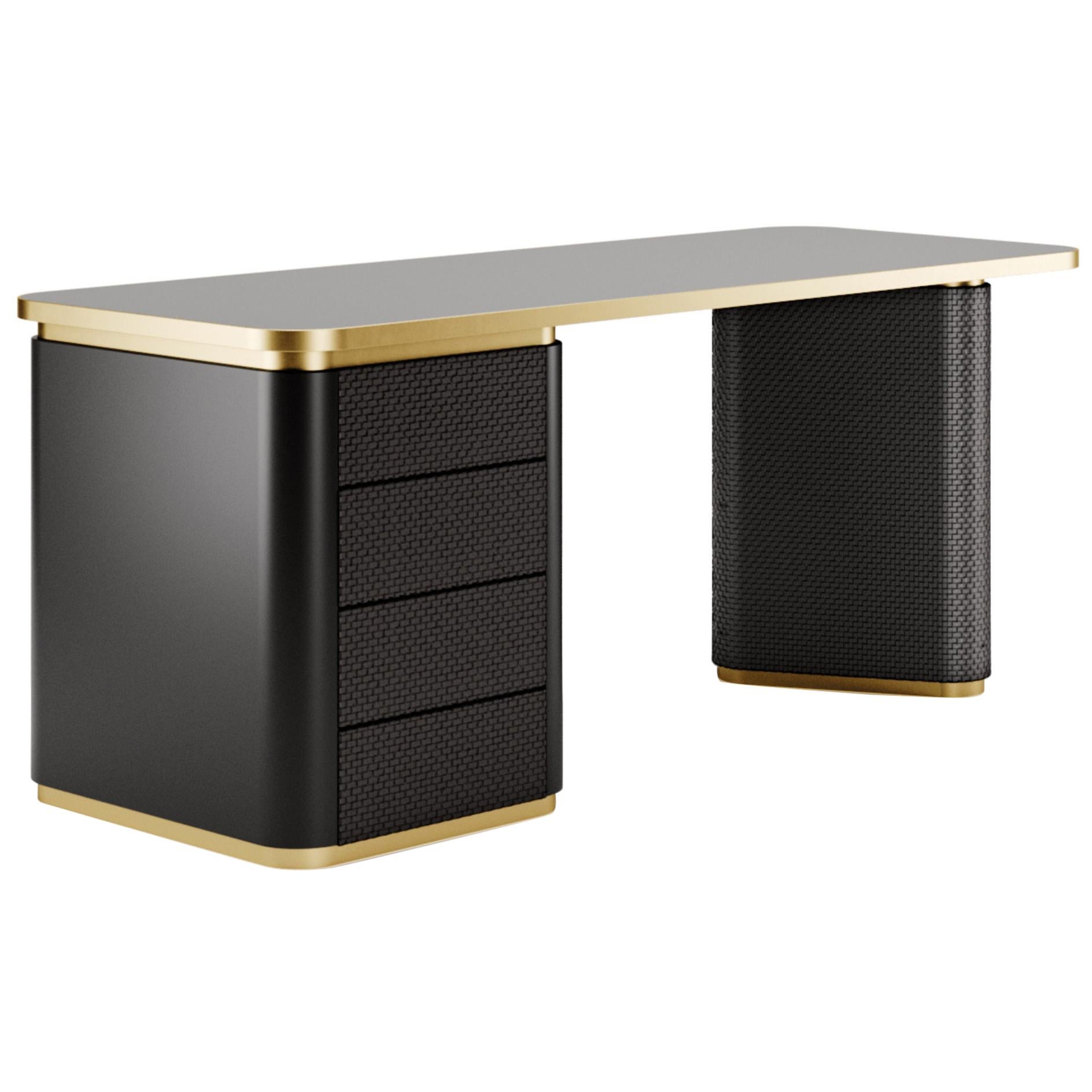Contemporary Desk black Lacquering, Crossed Leather 4 drawers For Sale
