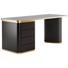 Contemporary Desk black Lacquering, Crossed Leather 4 drawers