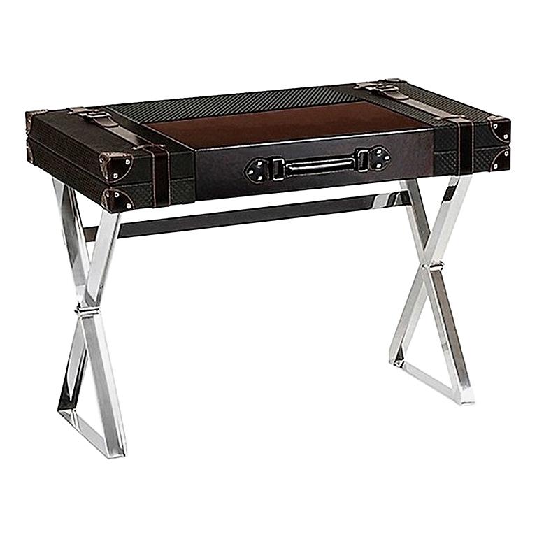 Contemporary Desk In Leather Wood And Metal In Shape Of A Vintage