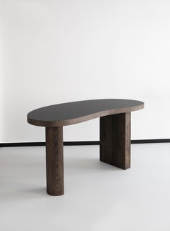 Contemporary Desk Table 'Ms Bean', Smoked Oak, Black Tabletop