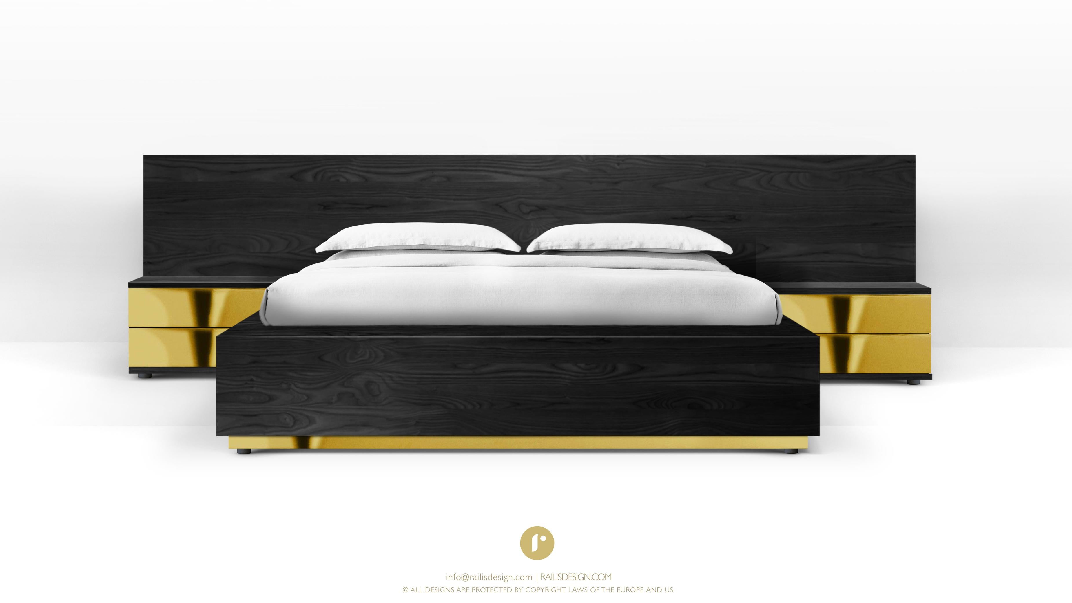 Latvian Contemporary Dettifoss Bed frame with bedisde tables, Black, Brass For Sale