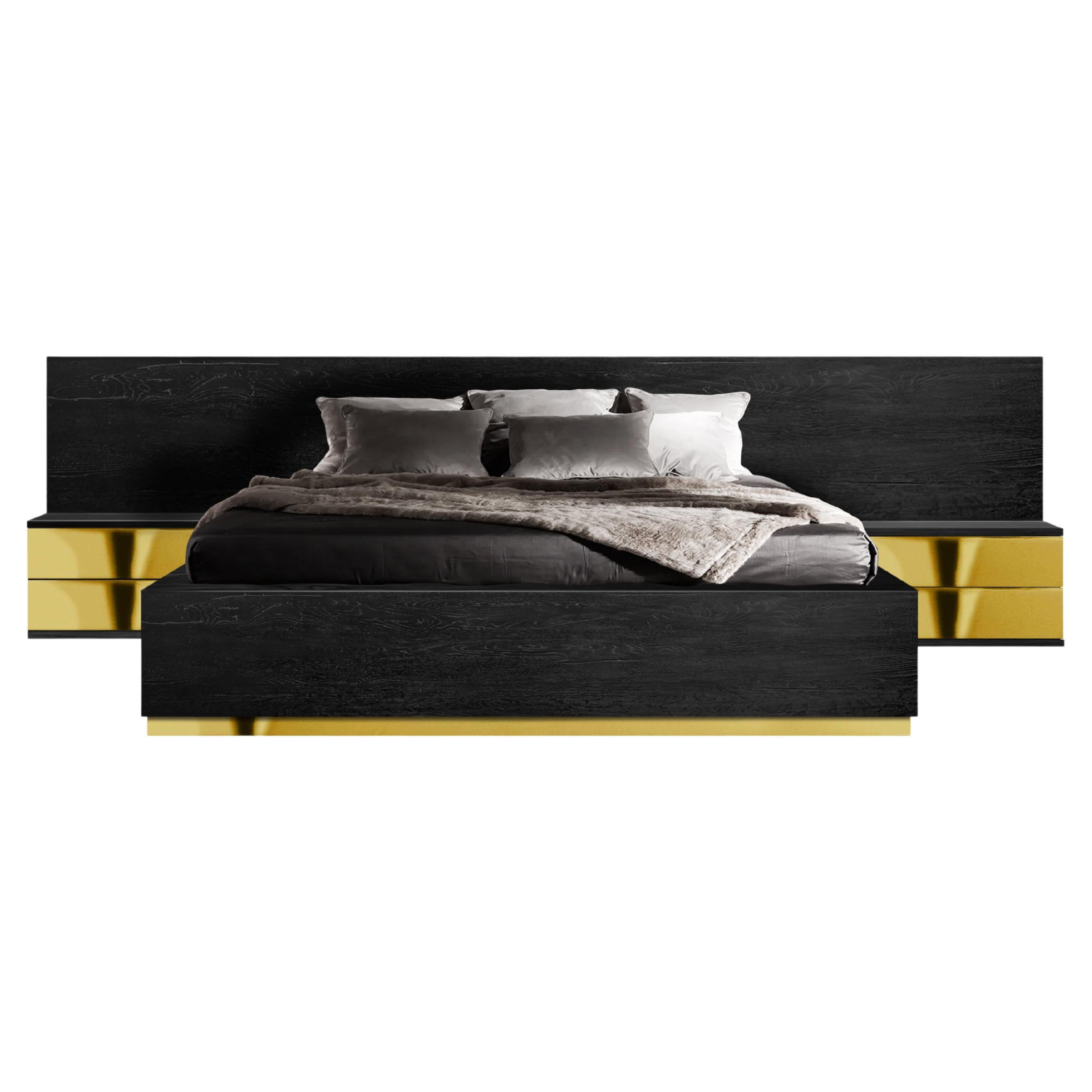 Contemporary Dettifoss Bed frame with bedisde tables, Black, Brass