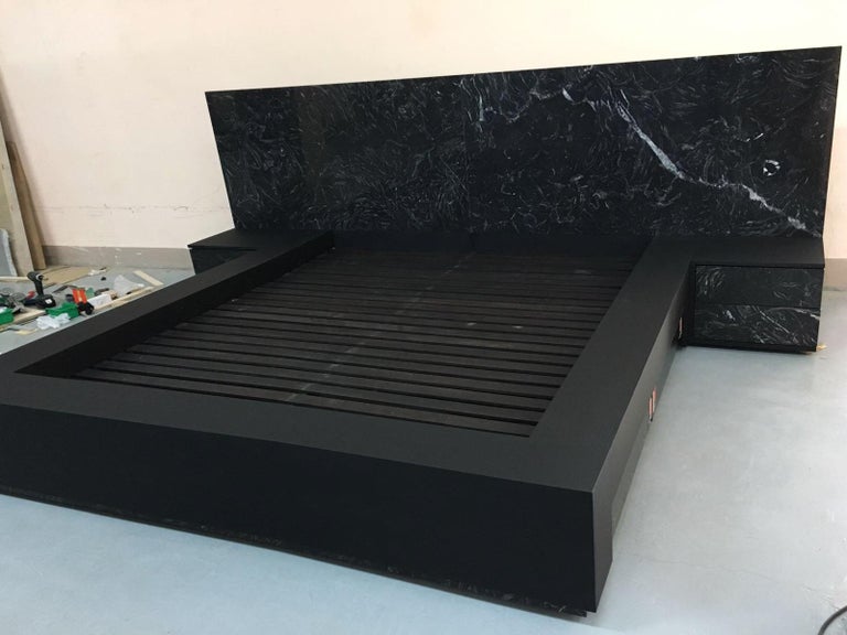 Contemporary Dettifoss Marble Edition Bed Frame, Black, Brass, Marble