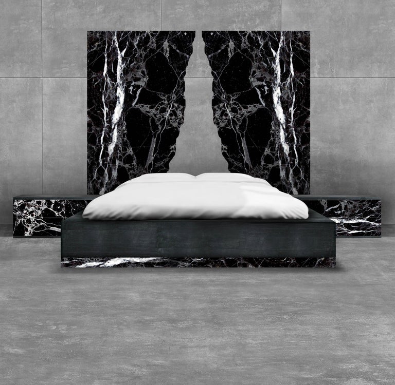 Contemporary Dettifoss Marble Edition Bed Frame, Black, Brass, Marble