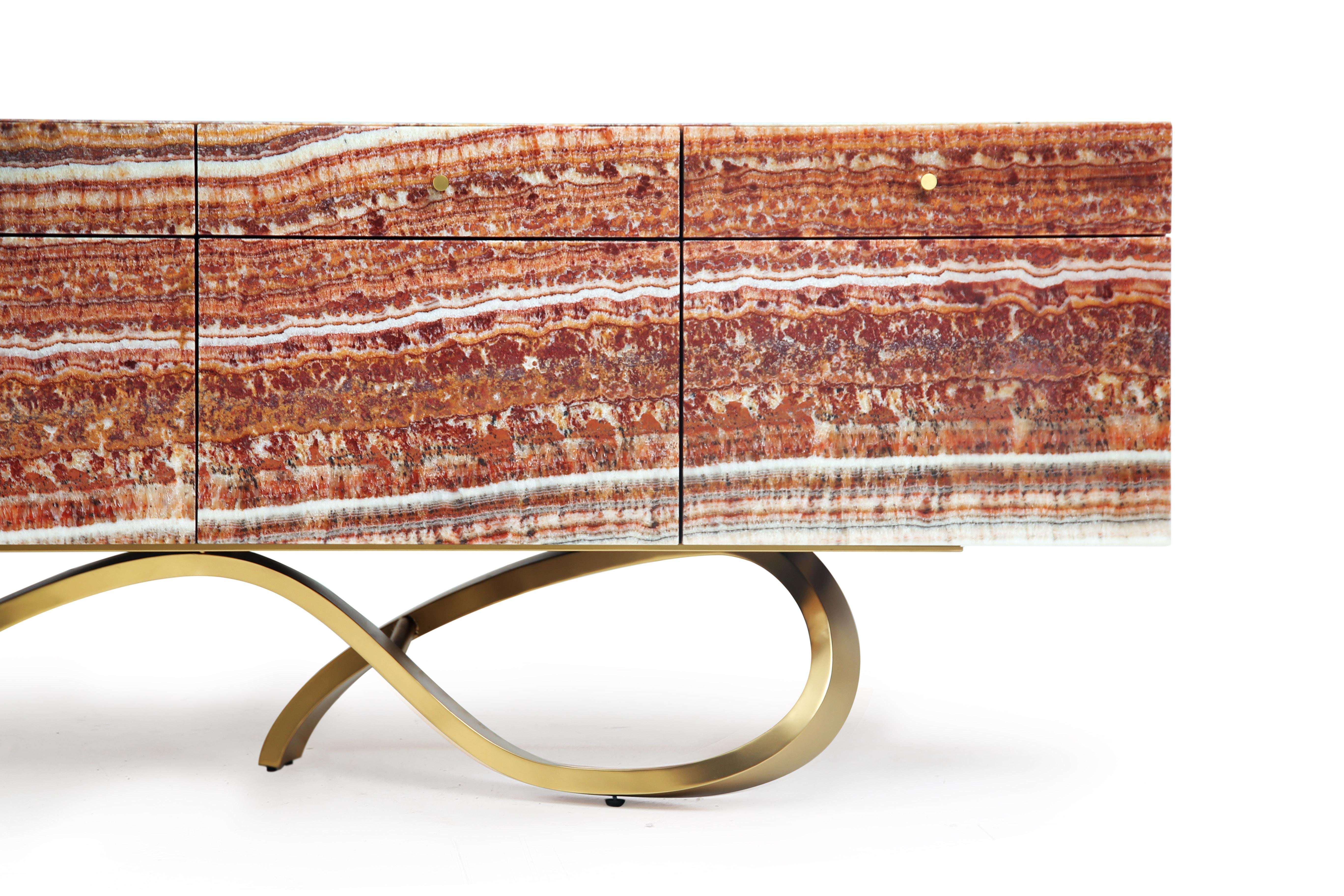 Modern Contemporary Diablo Sideboard in Red Onyx Ribbon Base by Railis Design For Sale