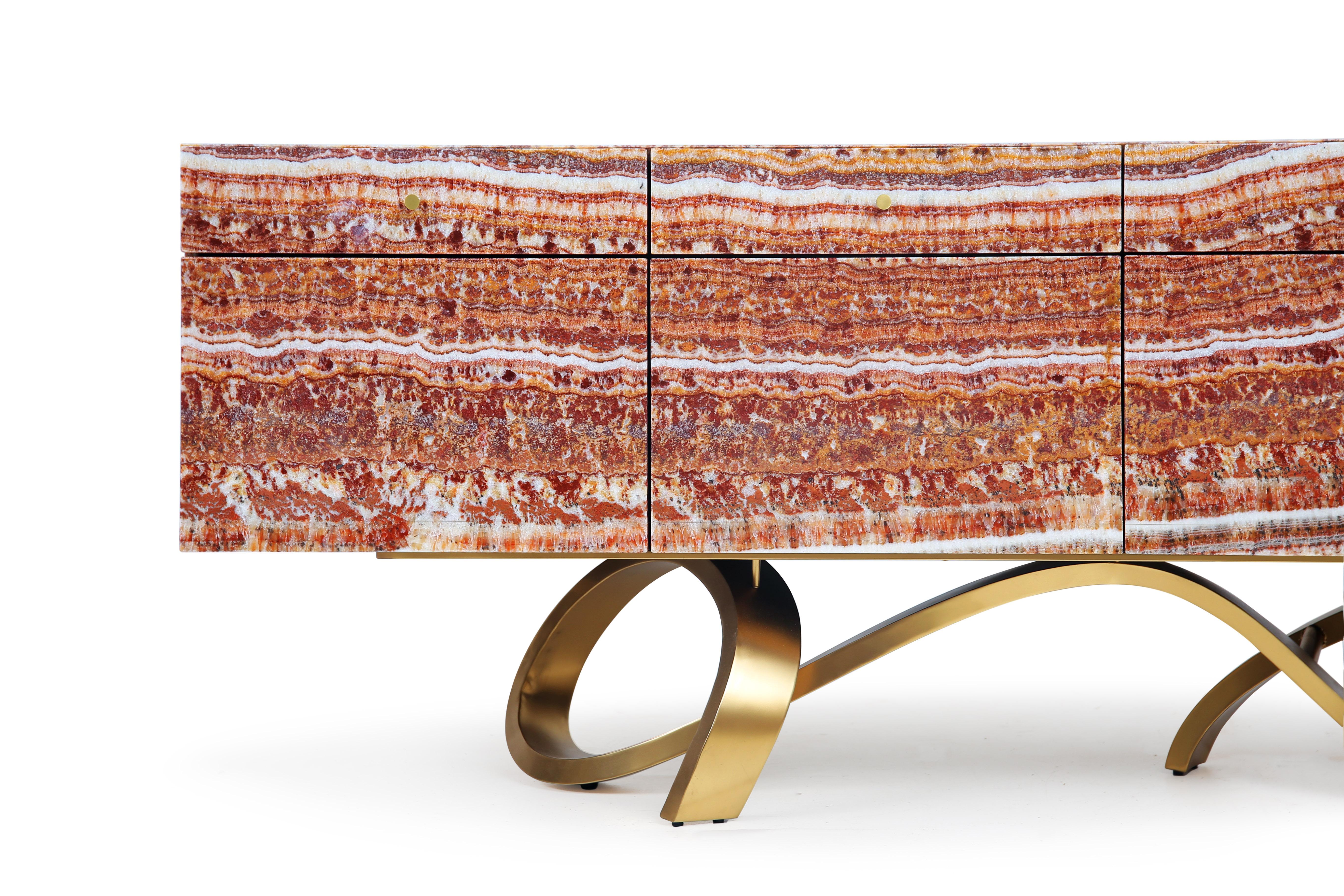 Latvian Contemporary Diablo Sideboard in Red Onyx Ribbon Base by Railis Design For Sale