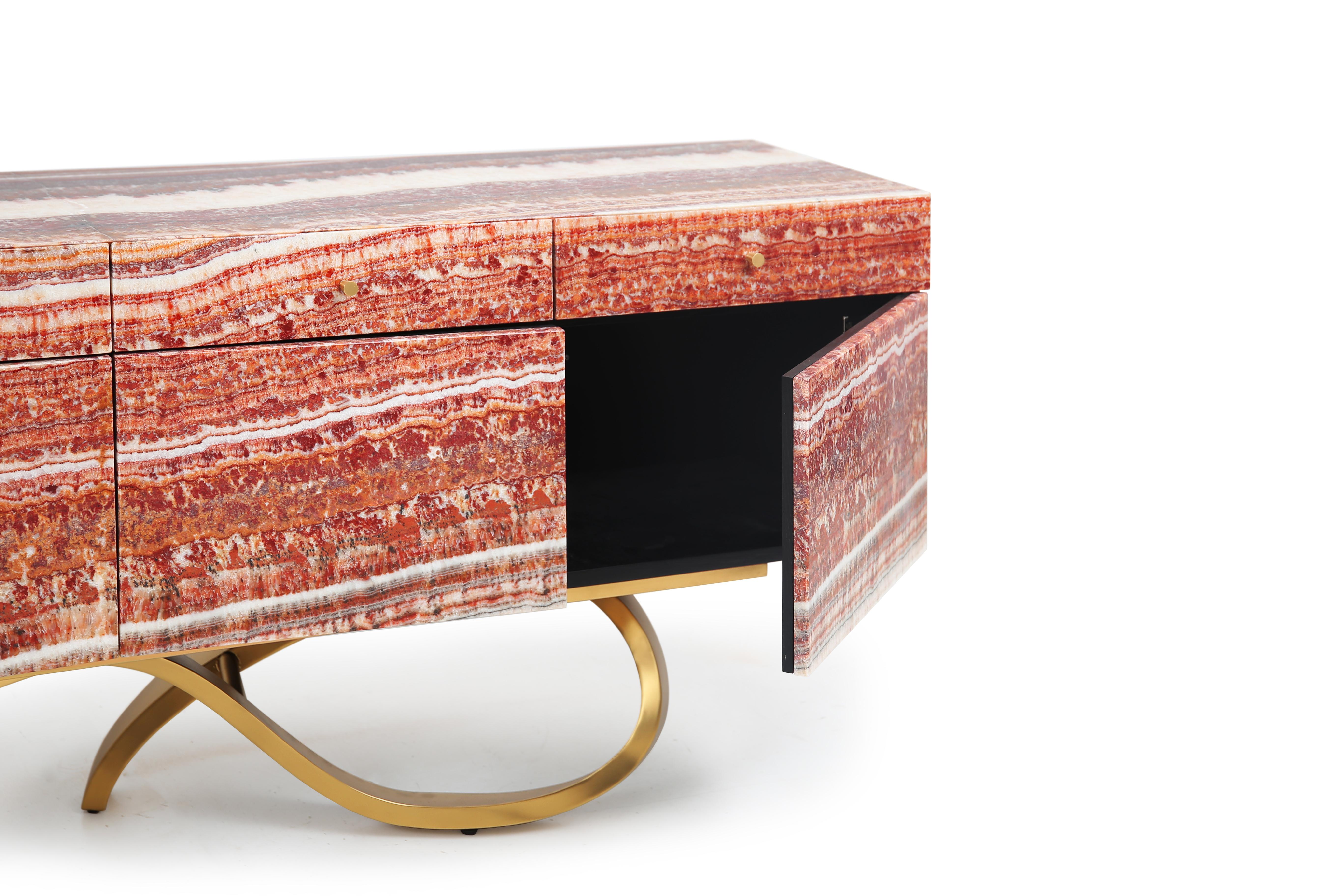 Polished Contemporary Diablo Sideboard in Red Onyx Ribbon Base by Railis Design For Sale