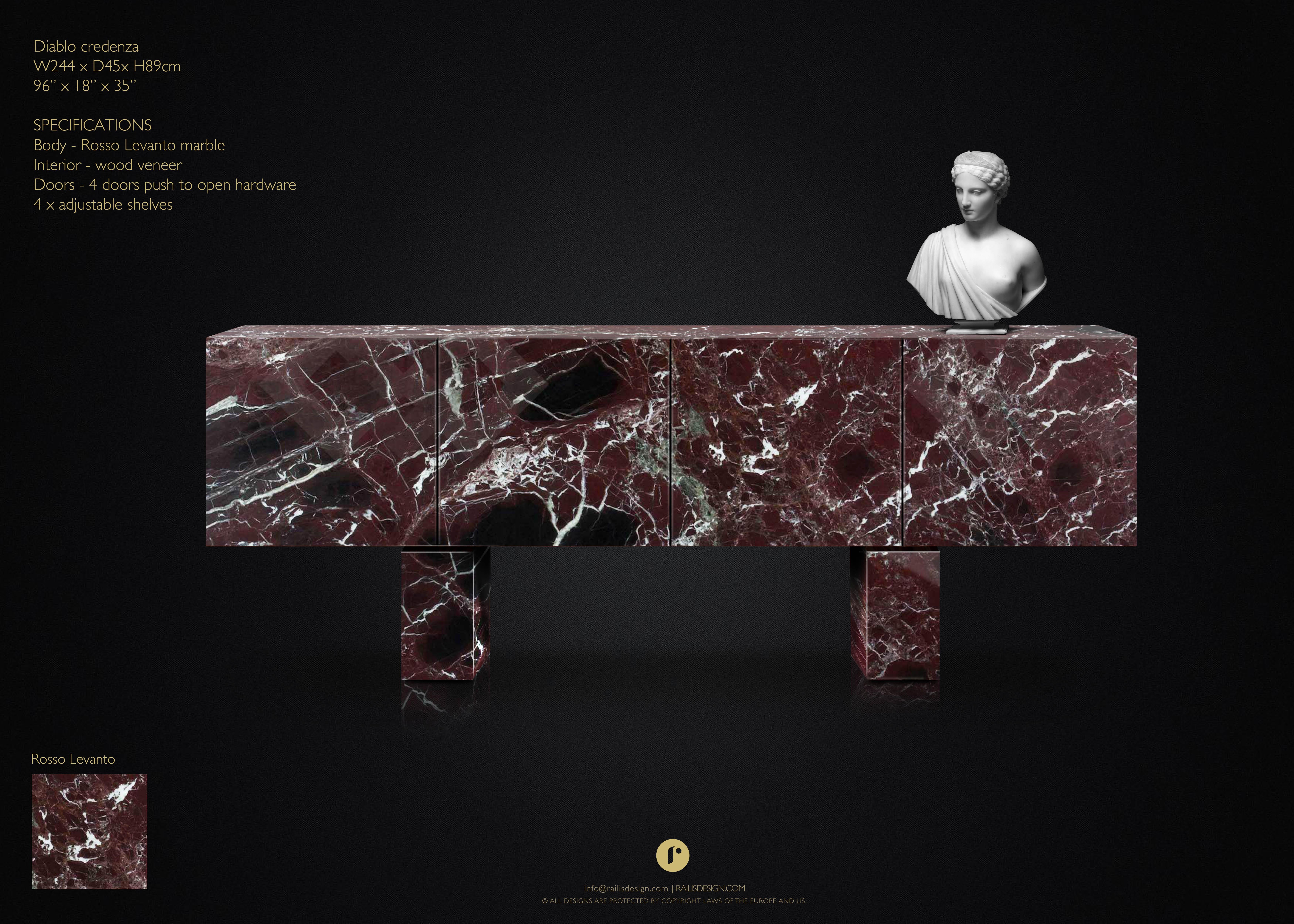 The Contemporary Diablo sideboard is a true masterpiece of modern furniture design. Crafted from rare Rosso Levanto marble sourced from Italy, this sideboard is a stunning example of the beauty of natural stone. The exterior of the sideboard is