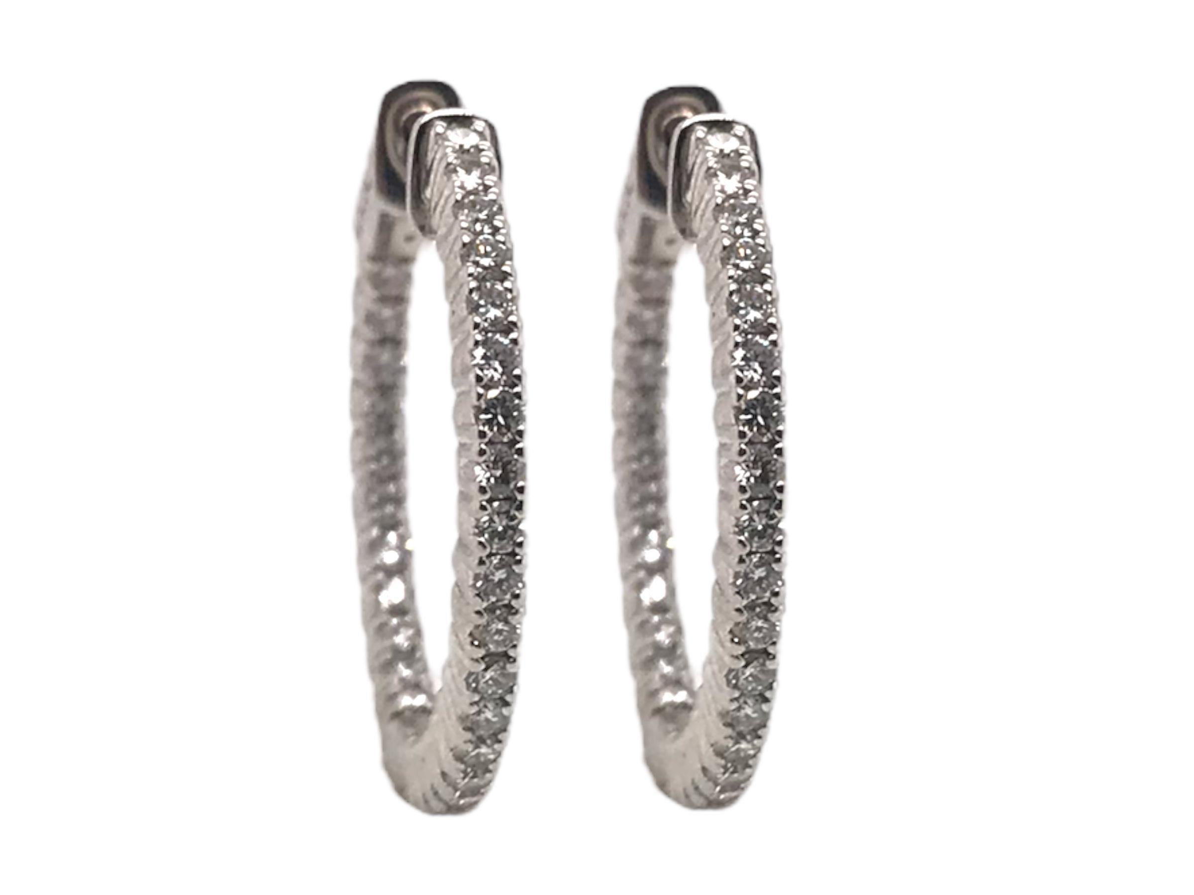 Brilliant Cut Contemporary Diamond 1.0Ctw Hoop Earrings 14K White Gold For Sale
