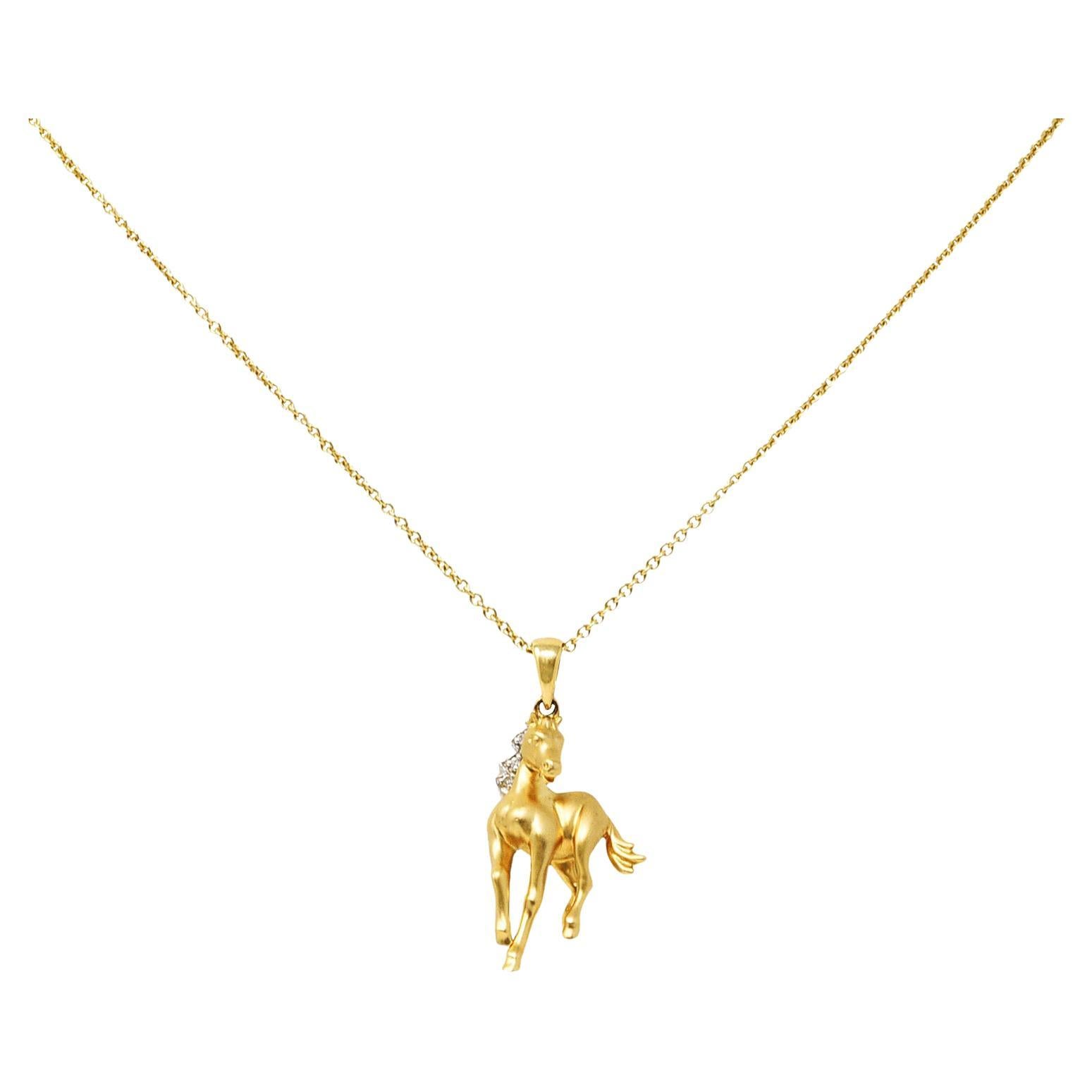 Contemporary Diamond 14 Karat Two-Tone Gold Equestrian Horse Pendant Necklace