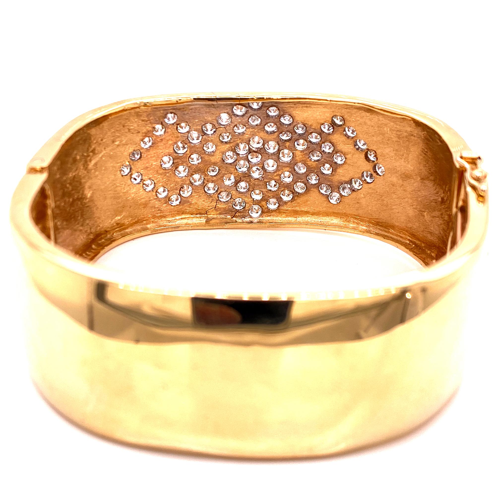 Round Cut Contemporary Diamond 14 Karat Yellow Gold Wide Bangle Bracelet