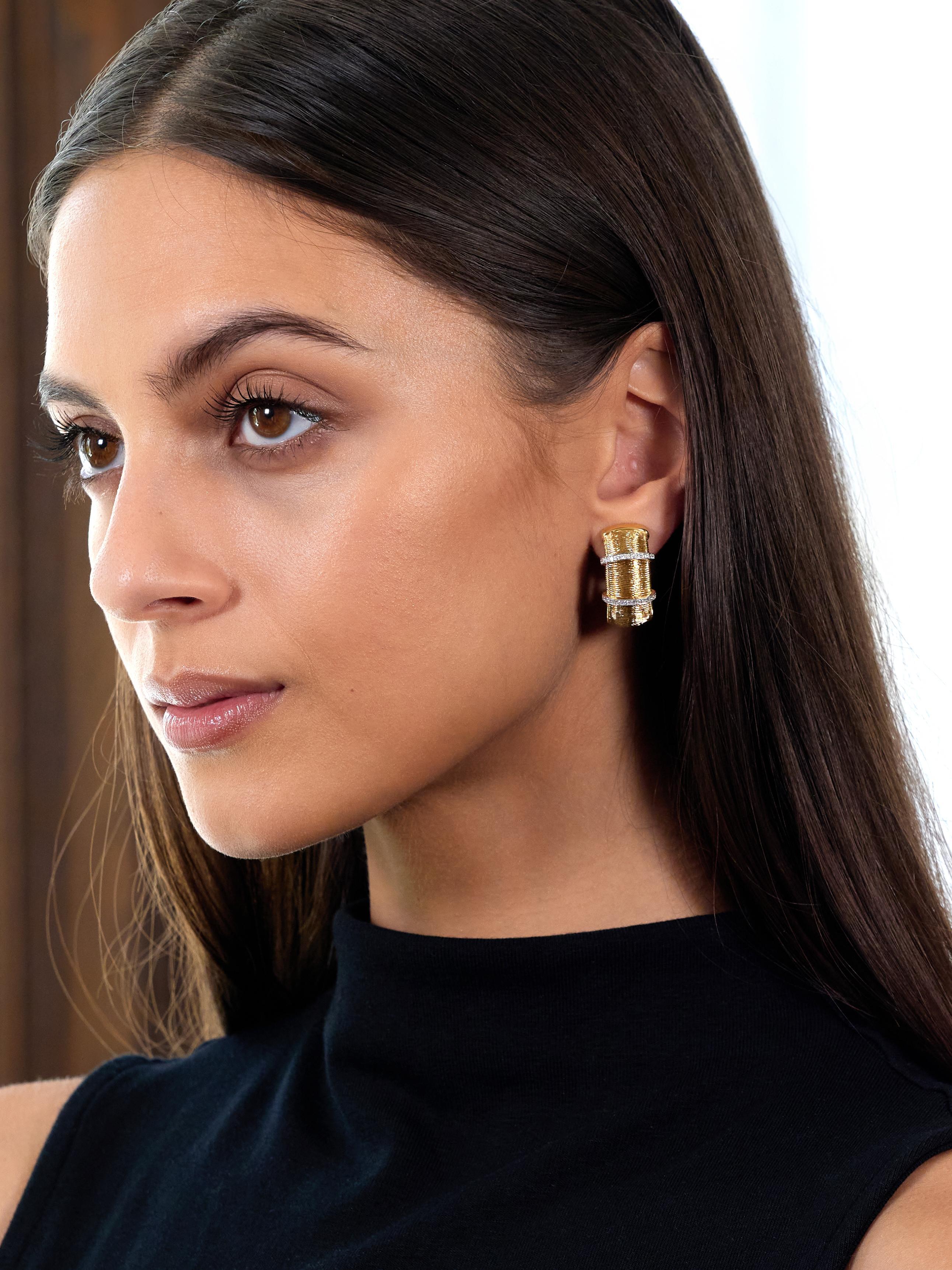 Designed as finely woven gold meshed wire j-hoop forms
Featuring parallel white gold topped bar stations
Bead set with rows of round brilliant cut diamonds
Weighing approximately 0.24 carat total
Eye clean and bright
With high polish