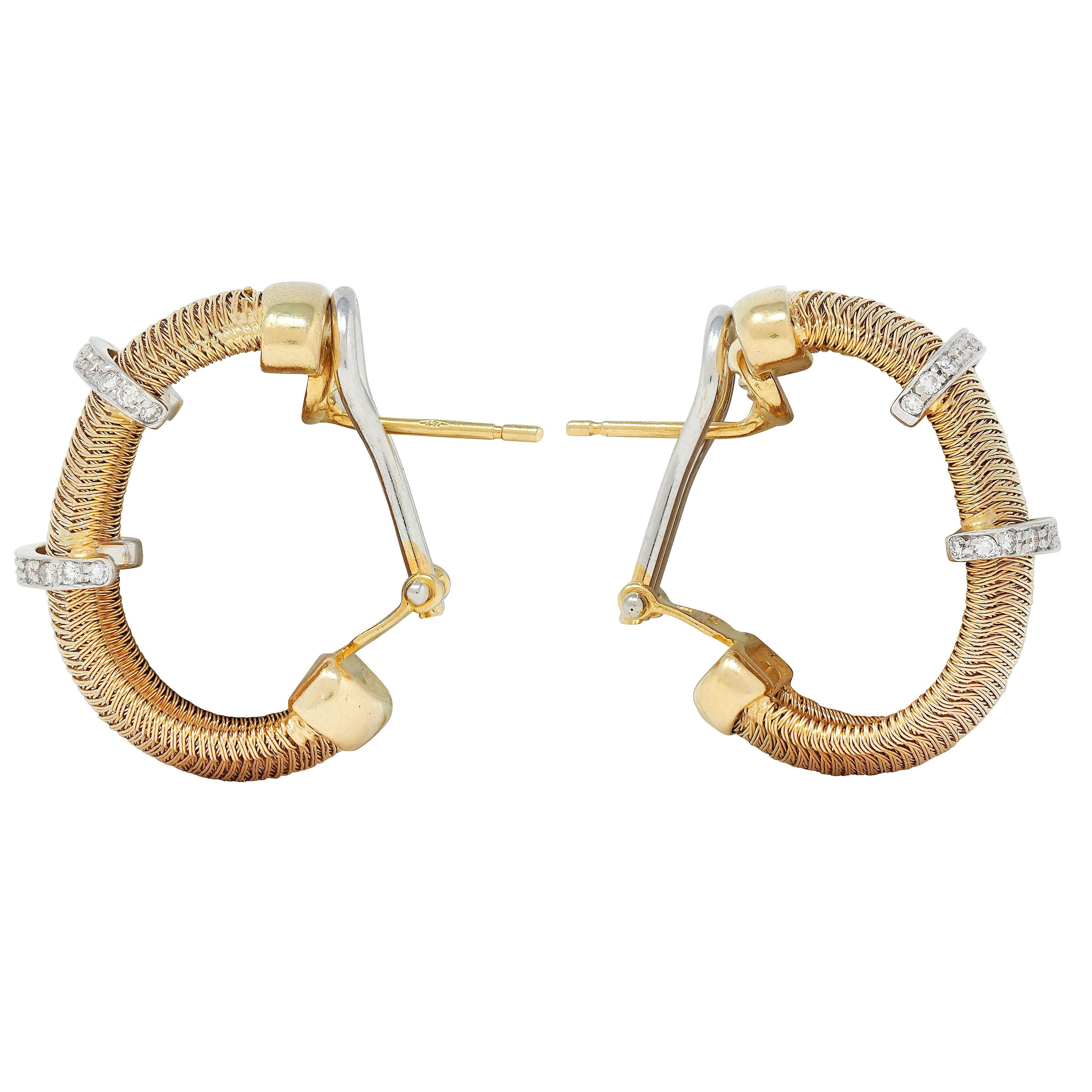 Contemporain Contemporary Diamond 18 Karat Two-Tone Gold Woven Mesh J-Hoop Earrings en vente