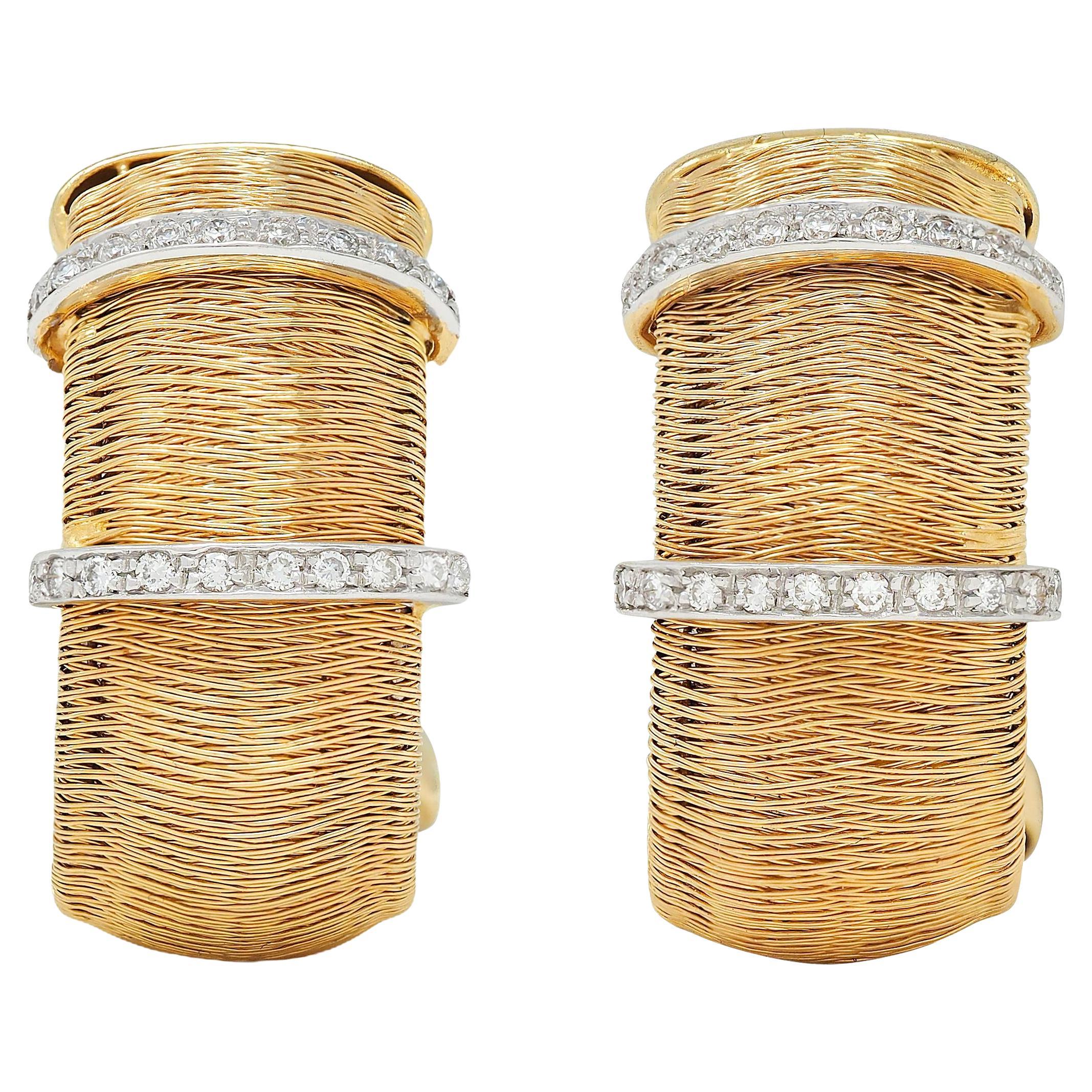 Contemporary Diamond 18 Karat Two-Tone Gold Woven Mesh J-Hoop Earrings