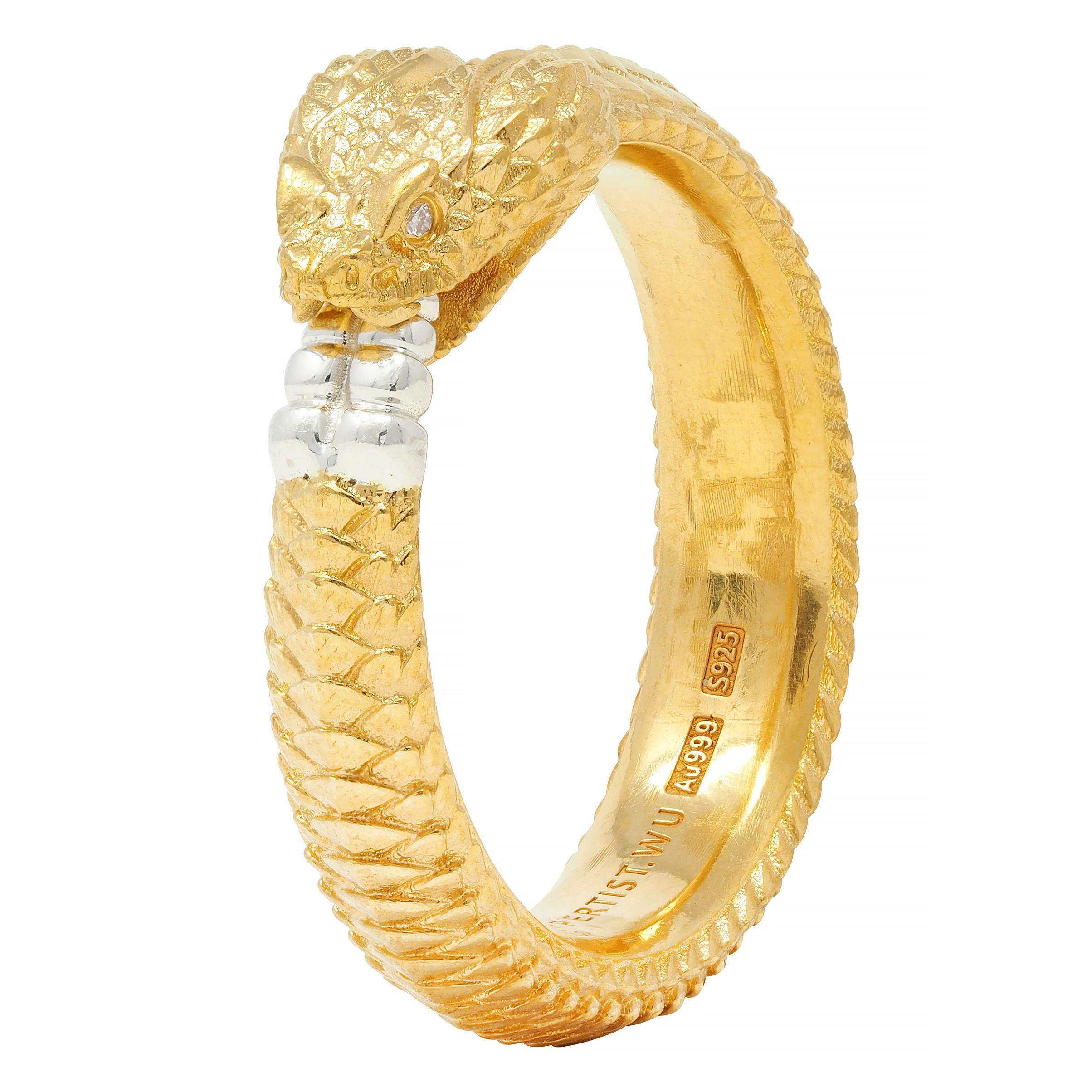 Contemporary Diamond 24 Karat Yellow Gold Sterling Silver Ouroboros Snake Ring For Sale 4